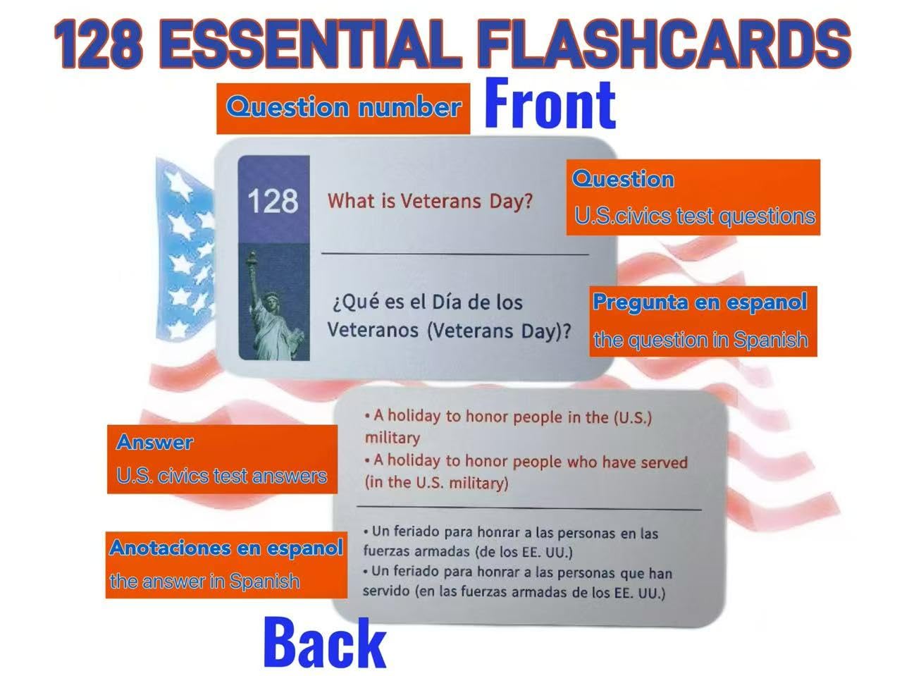 Biodison & Lee US Citizenship Flash Cards – 128 Civics Questions (English & Spanish)