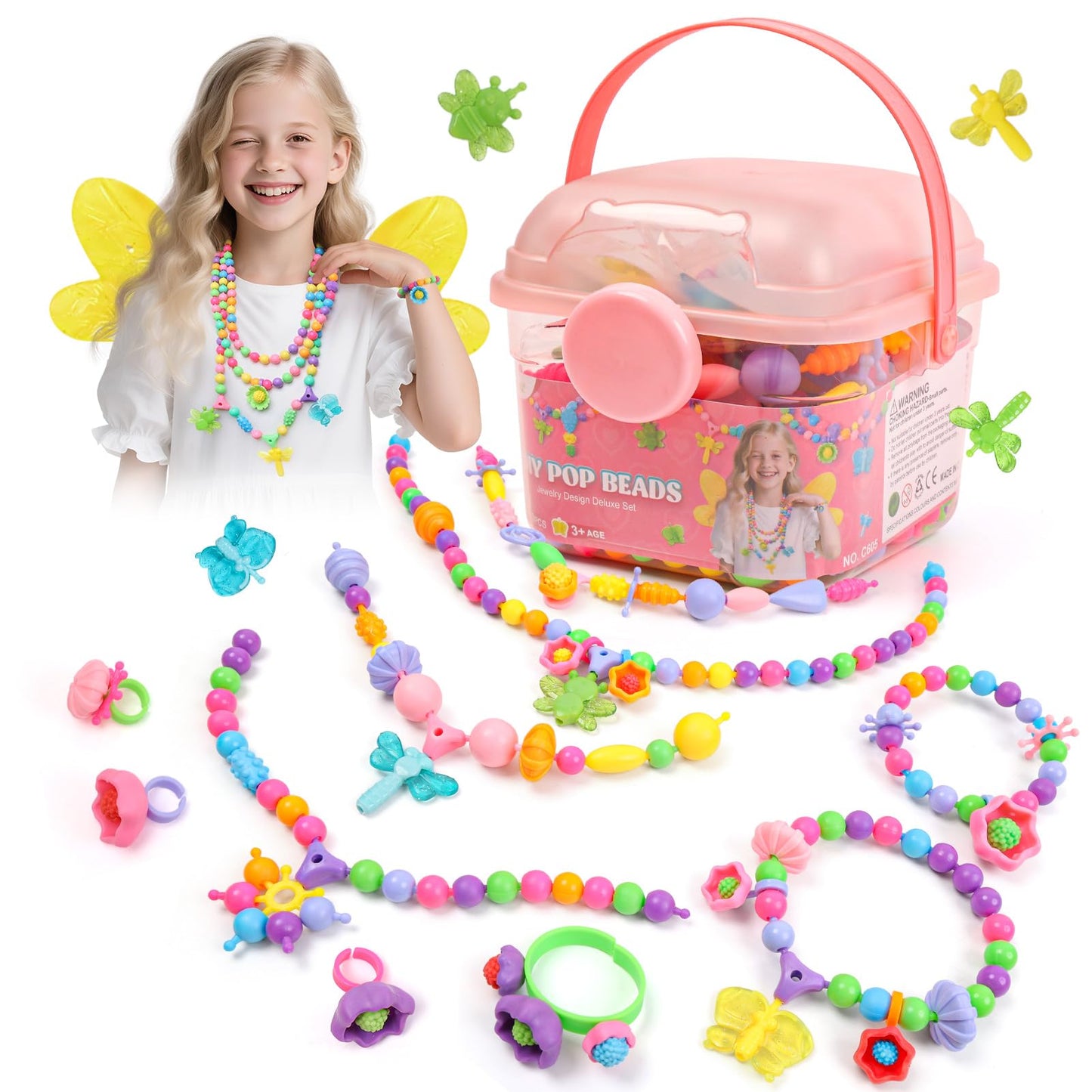 BIRANCO Deluxe Beading Set – 350+ Pop Beads with Butterfly, Bee, Dragonfly & Ladybug Jewelry Kit for Kids 3–8