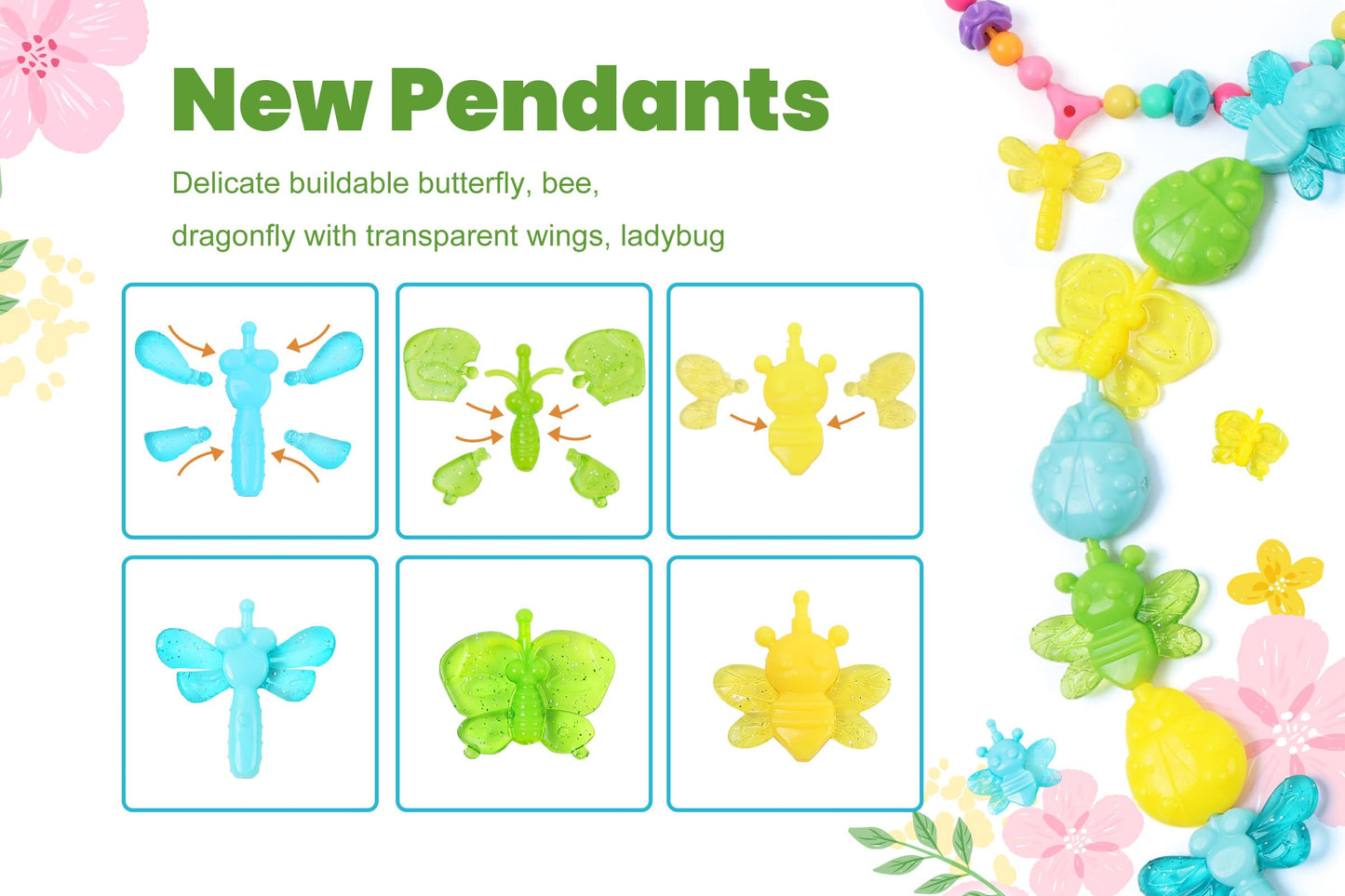 BIRANCO Deluxe Beading Set – 350+ Pop Beads with Butterfly, Bee, Dragonfly & Ladybug Jewelry Kit for Kids 3–8