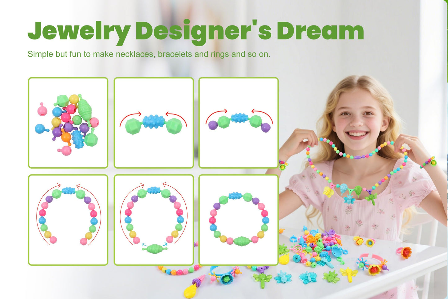 BIRANCO Deluxe Beading Set – 350+ Pop Beads with Butterfly, Bee, Dragonfly & Ladybug Jewelry Kit for Kids 3–8