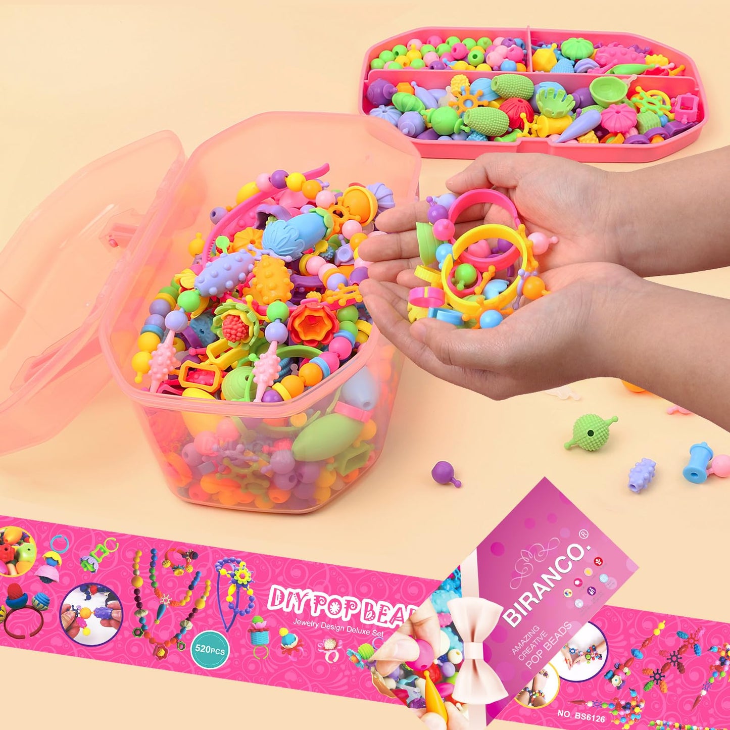 BIRANCO Pop Beads Jewelry Making Kit – 520 Pieces for Girls Ages 3–7 | DIY Necklace, Bracelet, Ring Set