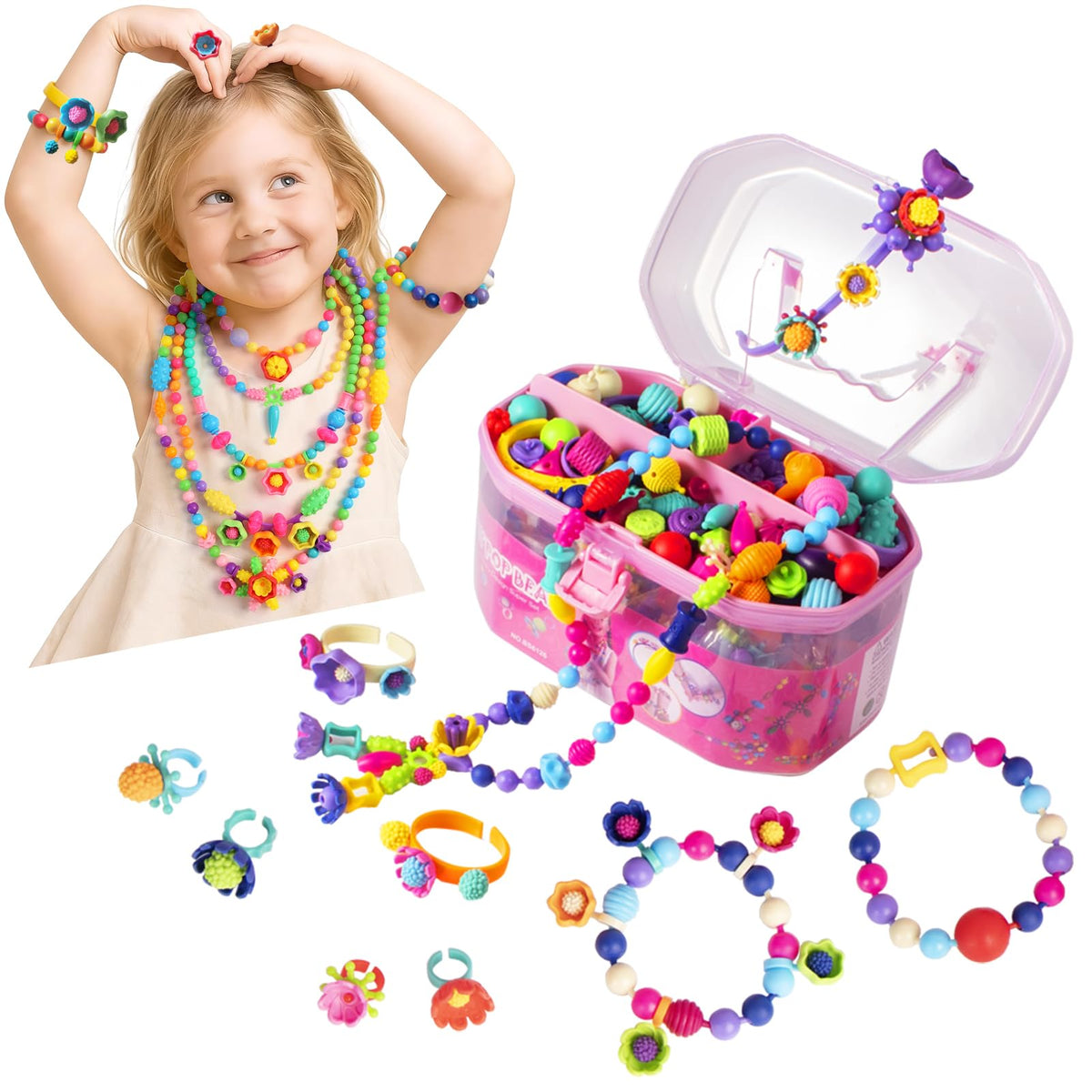 BIRANCO Pop Beads Jewelry Making Kit – 520 Pieces for Girls Ages 3–7 | DIY Necklace, Bracelet, Ring Set