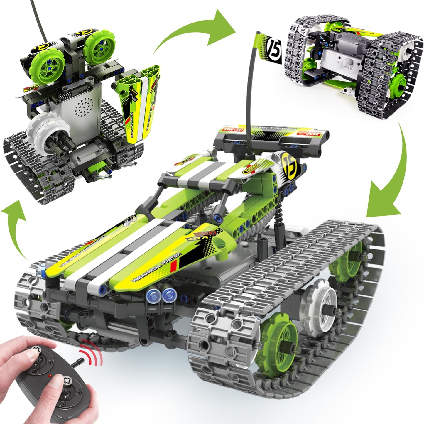 BIRANCO Remote Control Tracked 3-in-1 Stunt Racer Building Kit – RC Car STEM Toy for Kids 8-12 (353 Pcs)