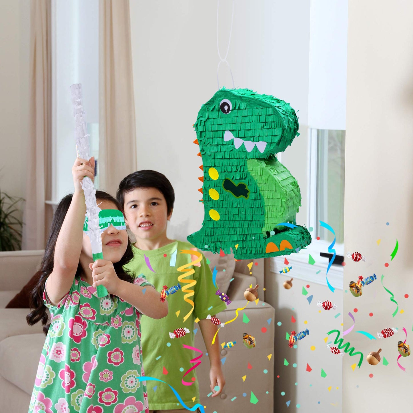 Birchio Dinosaur Pinata Bundle with Blindfold & Bat – 17x13x4 Inches | Party Decorations