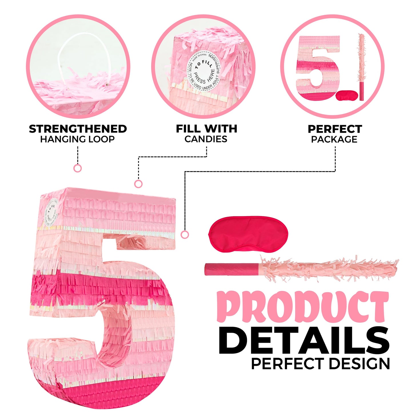 Birchio Pinks Number 5 Pinatas Bundle with Blindfold & Bat – 16.1 x 11 x 4 in | Pink Party Decoration