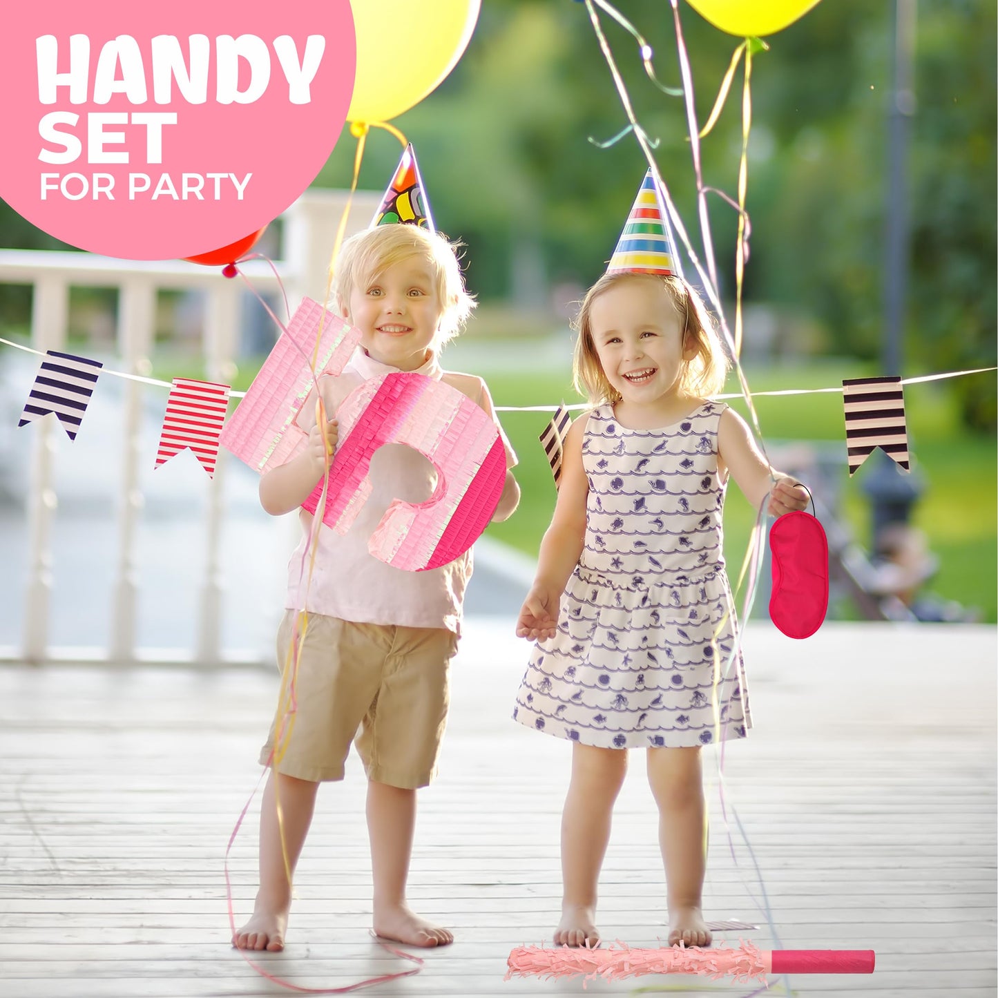 Birchio Pinks Number 5 Pinatas Bundle with Blindfold & Bat – 16.1 x 11 x 4 in | Pink Party Decoration