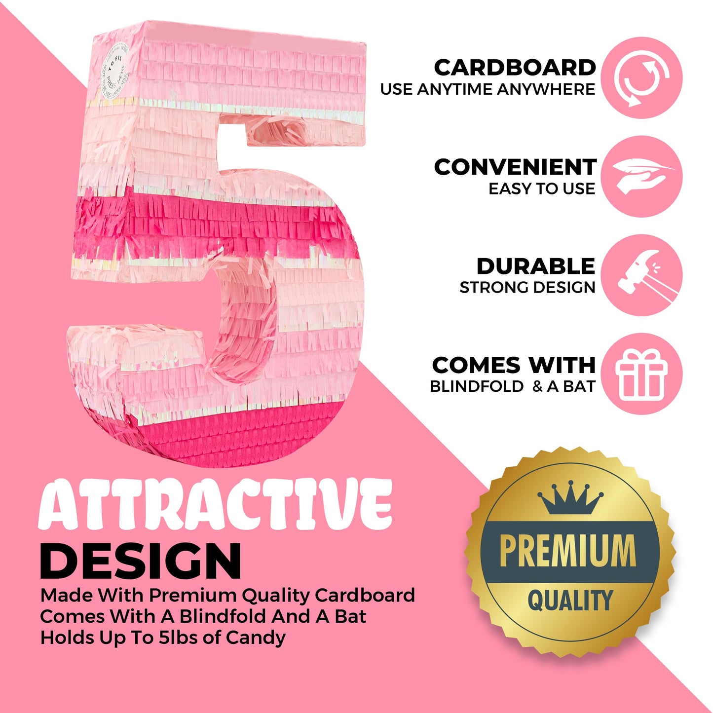 Birchio Pinks Number 5 Pinatas Bundle with Blindfold & Bat – 16.1 x 11 x 4 in | Pink Party Decoration