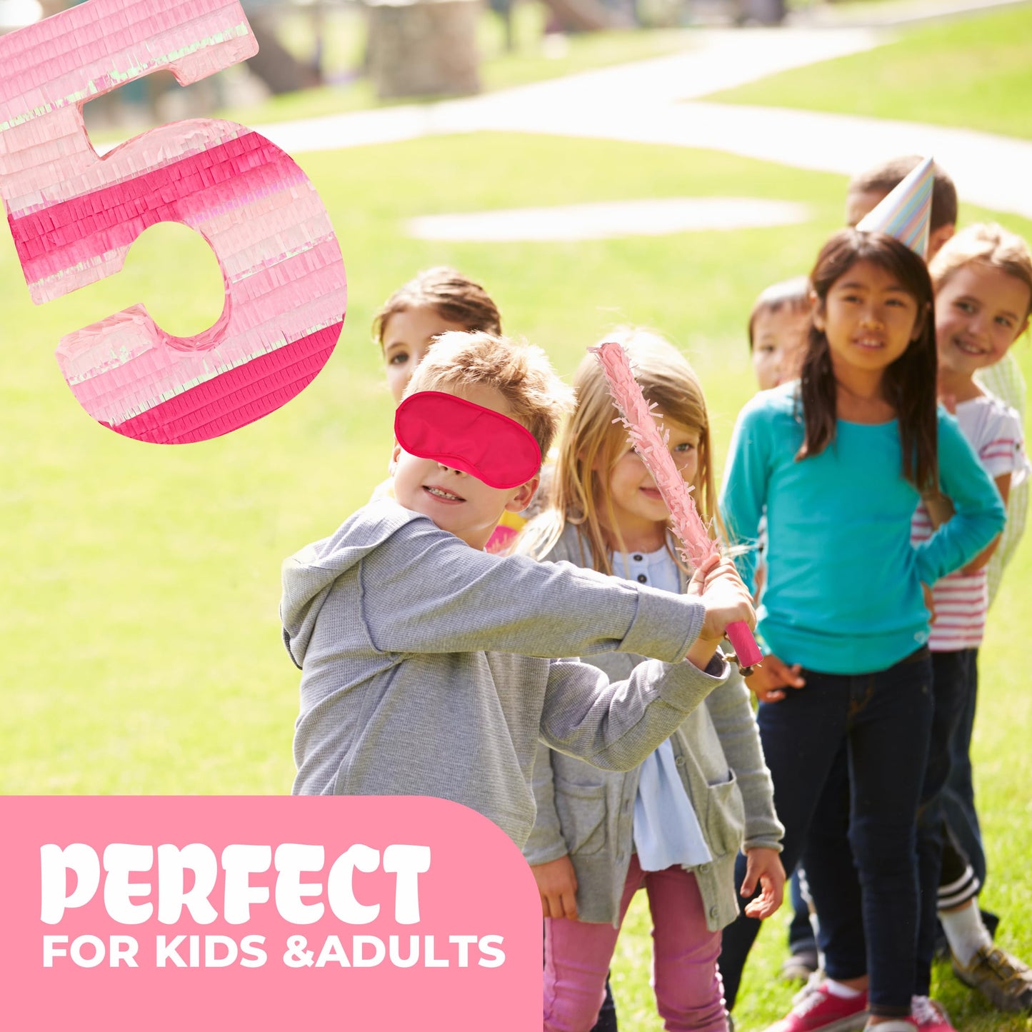 Birchio Pinks Number 5 Pinatas Bundle with Blindfold & Bat – 16.1 x 11 x 4 in | Pink Party Decoration