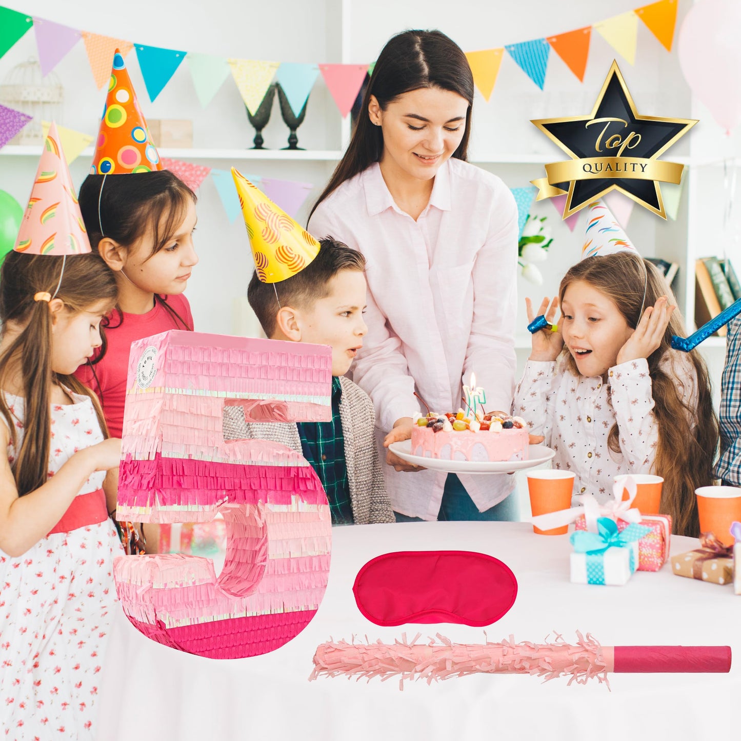 Birchio Pinks Number 5 Pinatas Bundle with Blindfold & Bat – 16.1 x 11 x 4 in | Pink Party Decoration