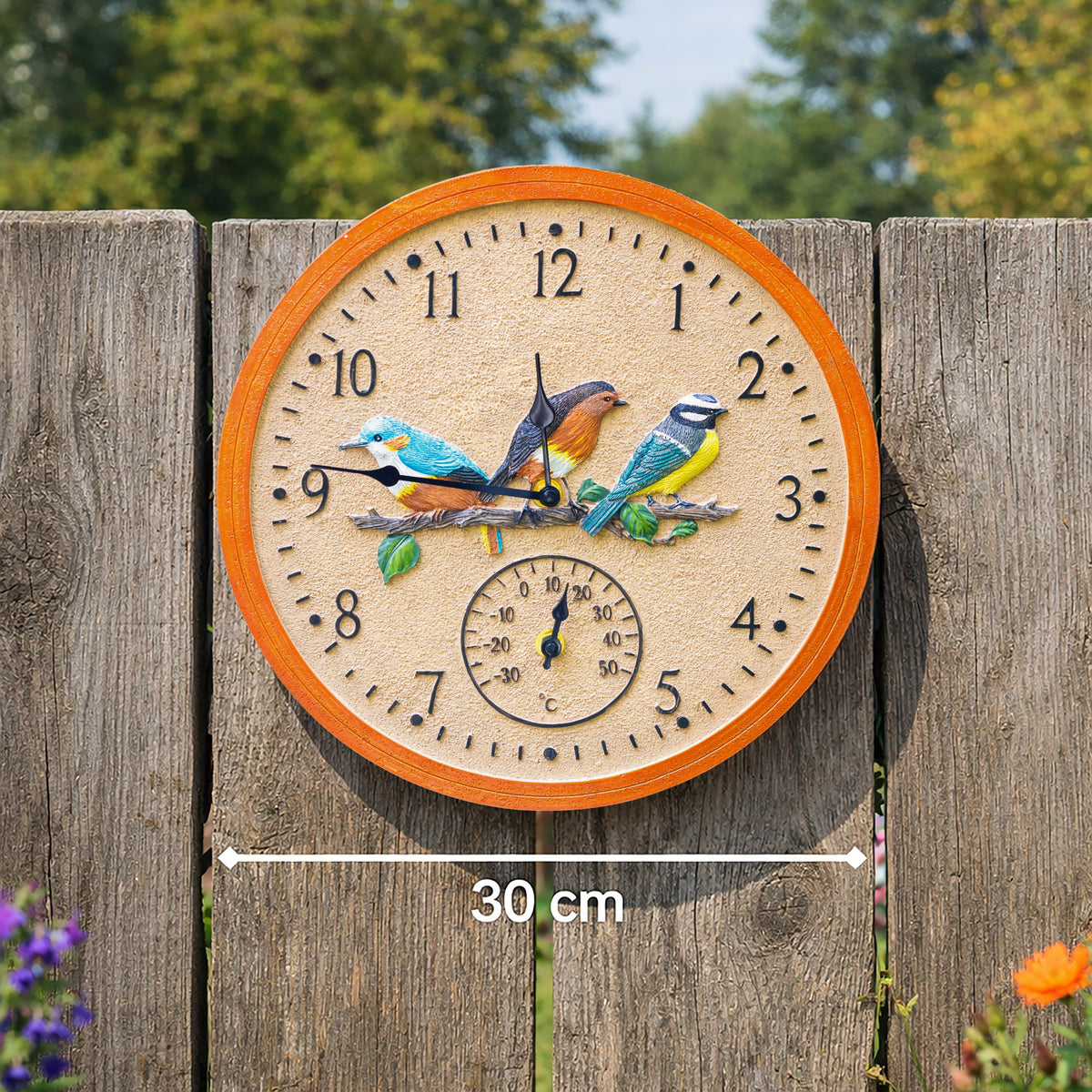 30cm Vintage Bird Wall Clock and Thermometer Weatherproof