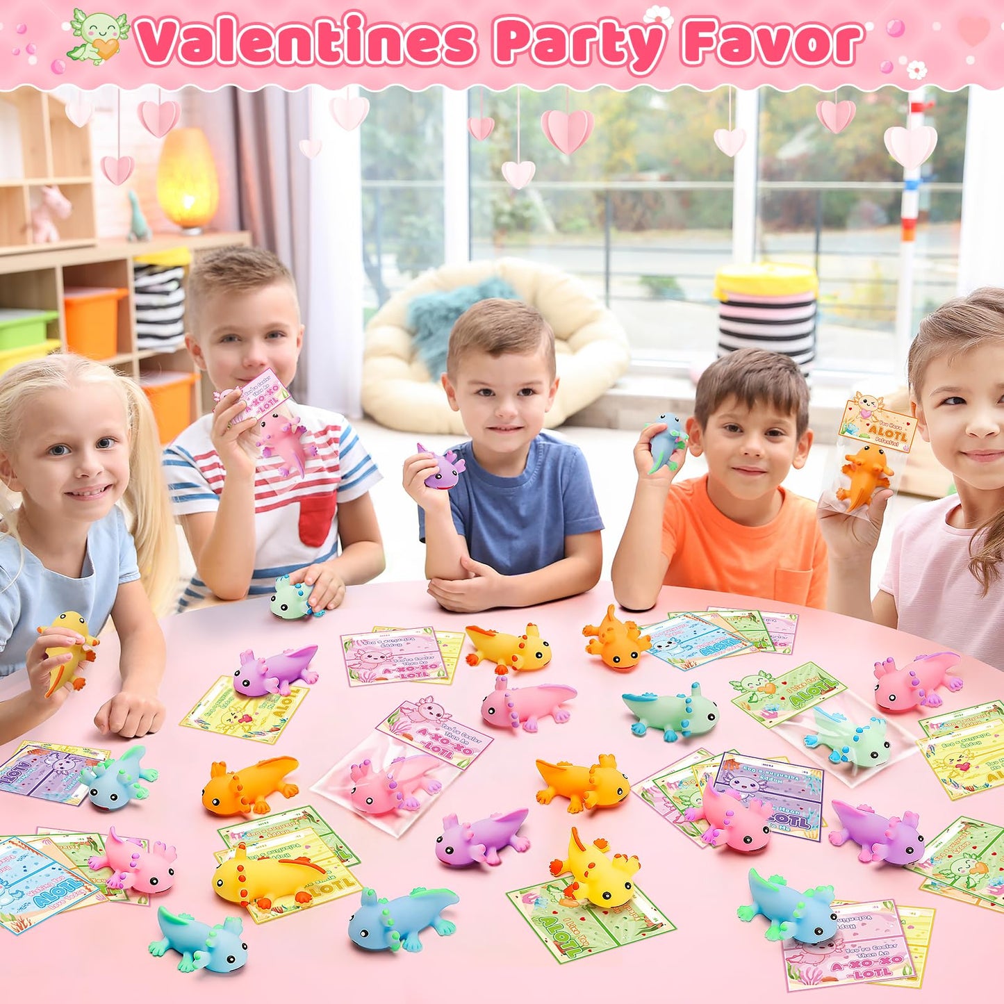 Birebebys Valentine Cards for Kids – 24 Axolotl Squeeze Toys for Classroom Exchanges