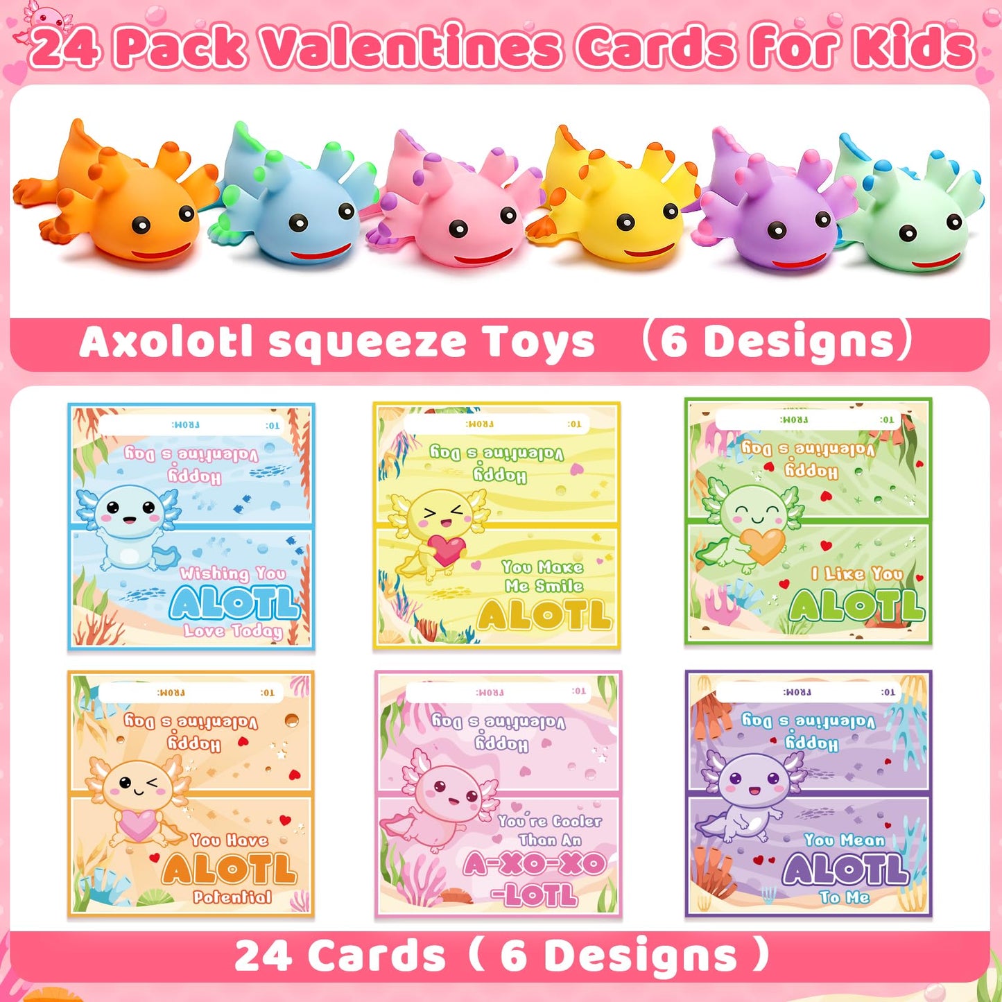 Birebebys Valentine Cards for Kids – 24 Axolotl Squeeze Toys for Classroom Exchanges