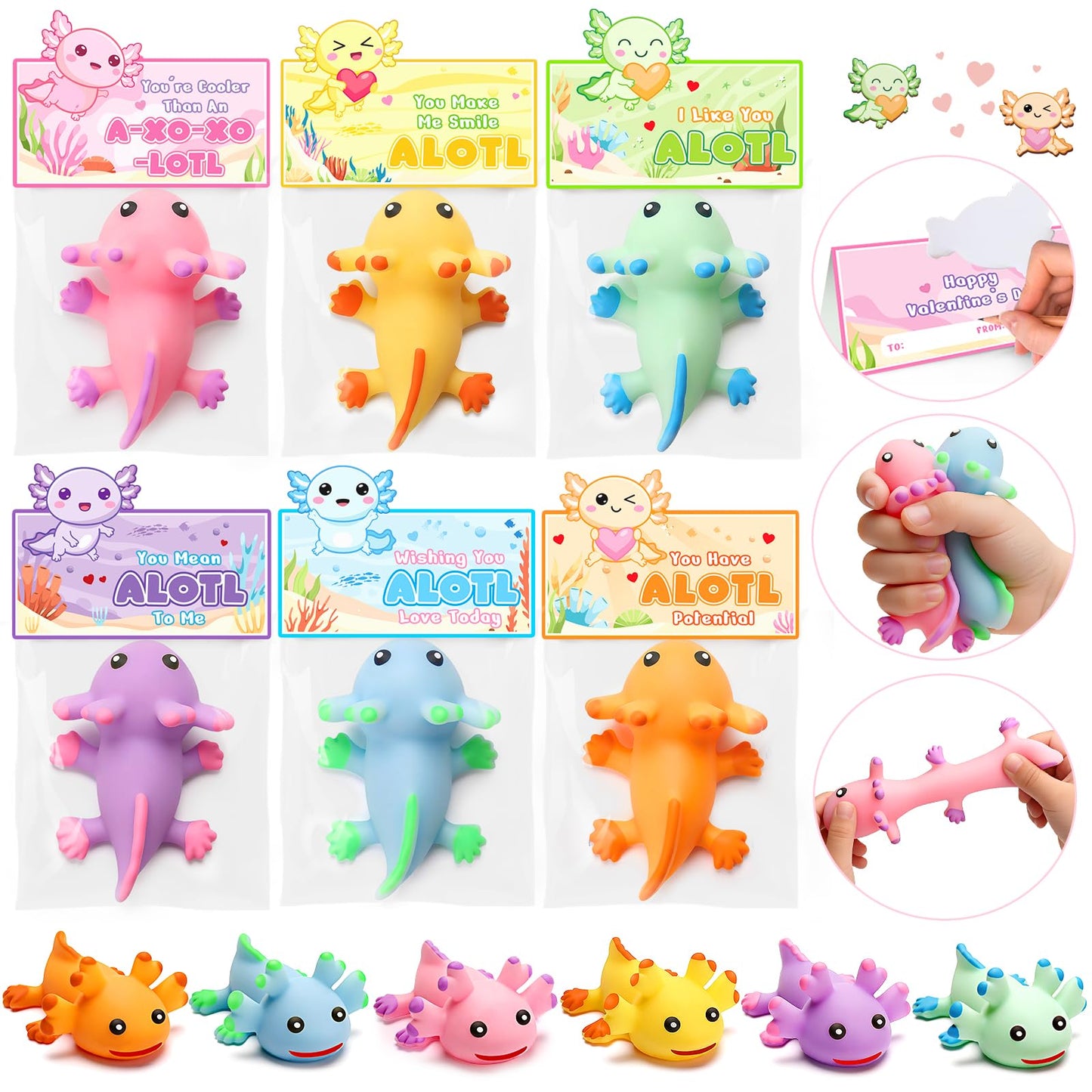Birebebys Valentine Cards for Kids – 24 Axolotl Squeeze Toys for Classroom Exchanges