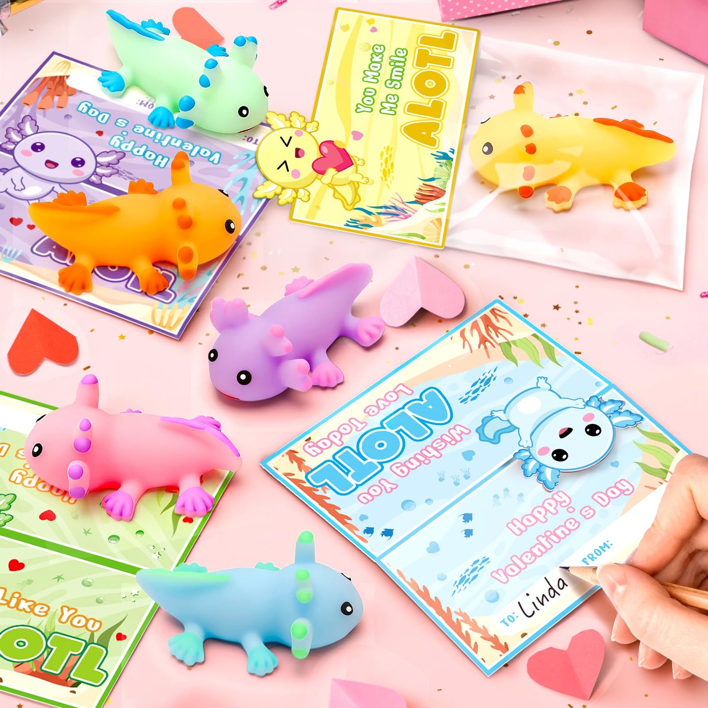 Birebebys Valentine Cards for Kids – 24 Axolotl Squeeze Toys for Classroom Exchanges