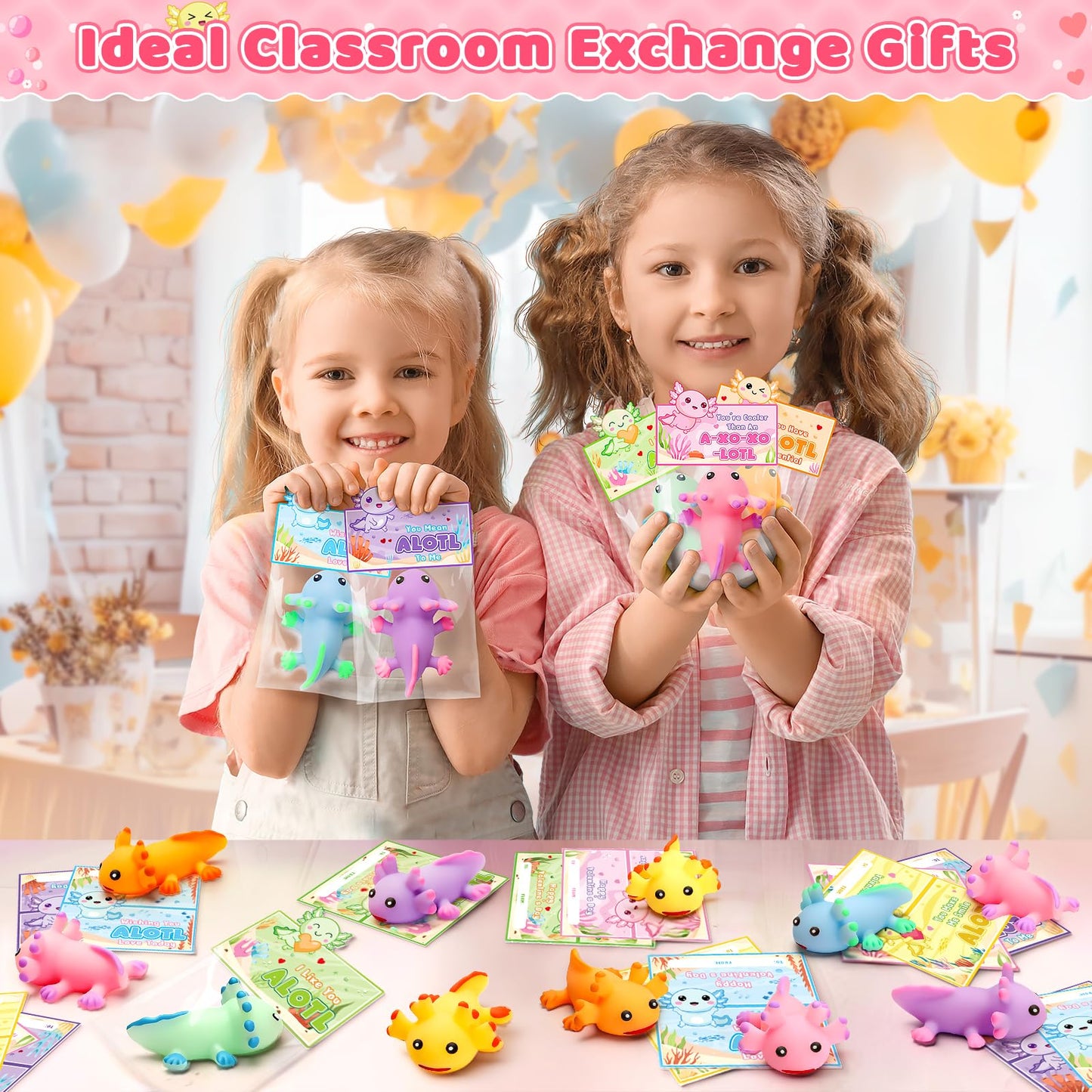 Birebebys Valentine Cards for Kids – 24 Axolotl Squeeze Toys for Classroom Exchanges