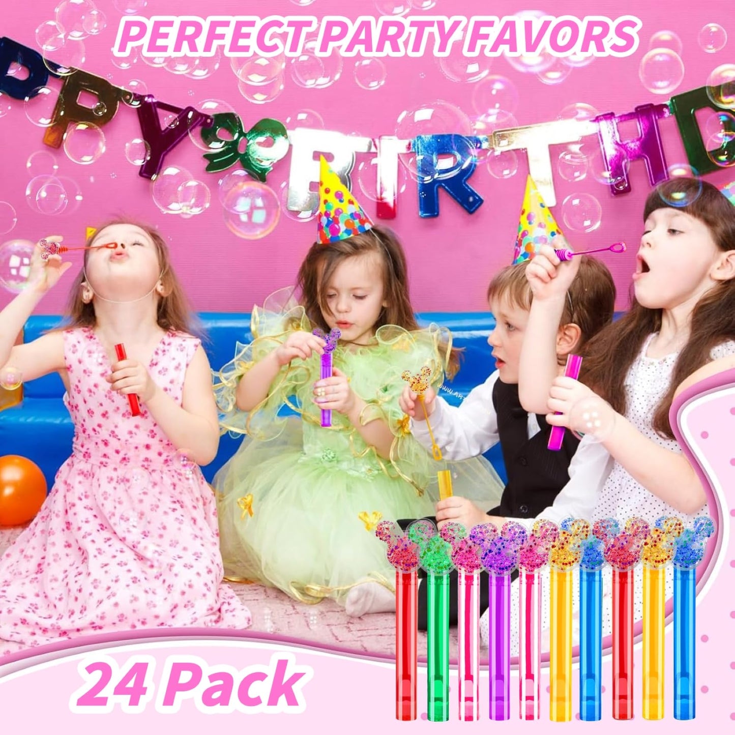 24PCS Glitter Bubble Wands - 6 Colors Party Favors for Kids 3-10