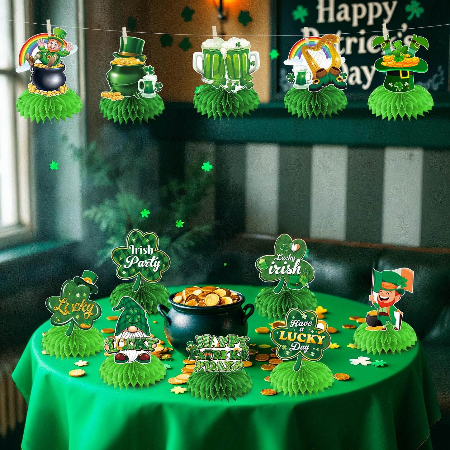 Biswiter 12 Pcs St Patrick's Day Honeycomb Centerpieces – Table Decor Set