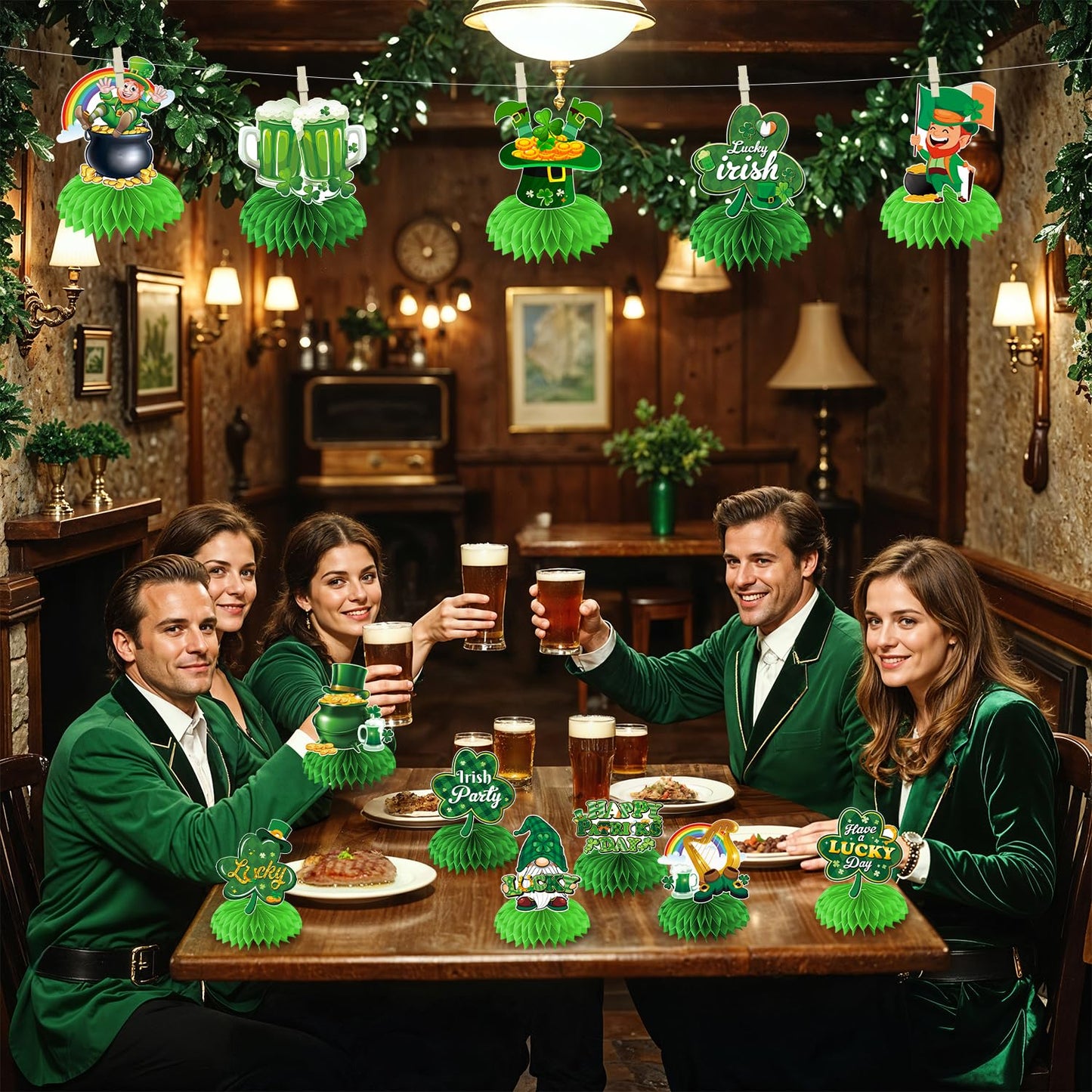 Biswiter 12 Pcs St Patrick's Day Honeycomb Centerpieces – Table Decor Set