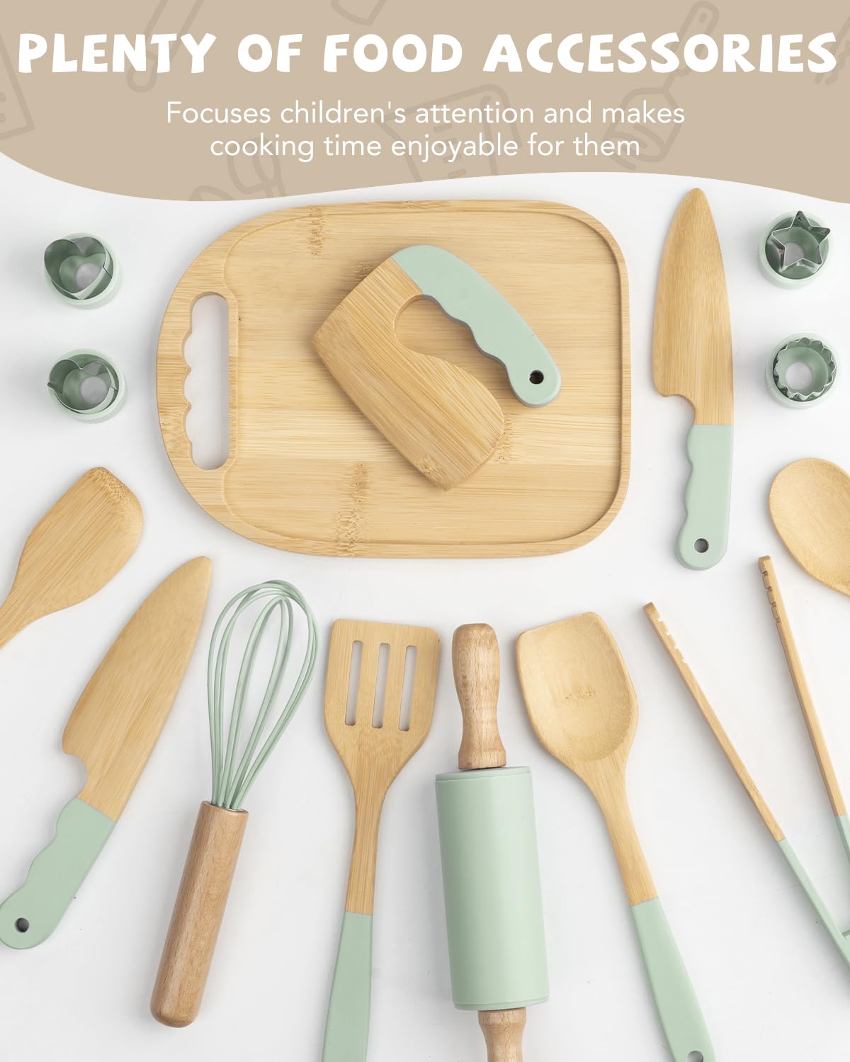 Biticolor Wooden Kids Cooking Set Montessori Kit – 15-Piece Toddler Kitchen Tools (Green)