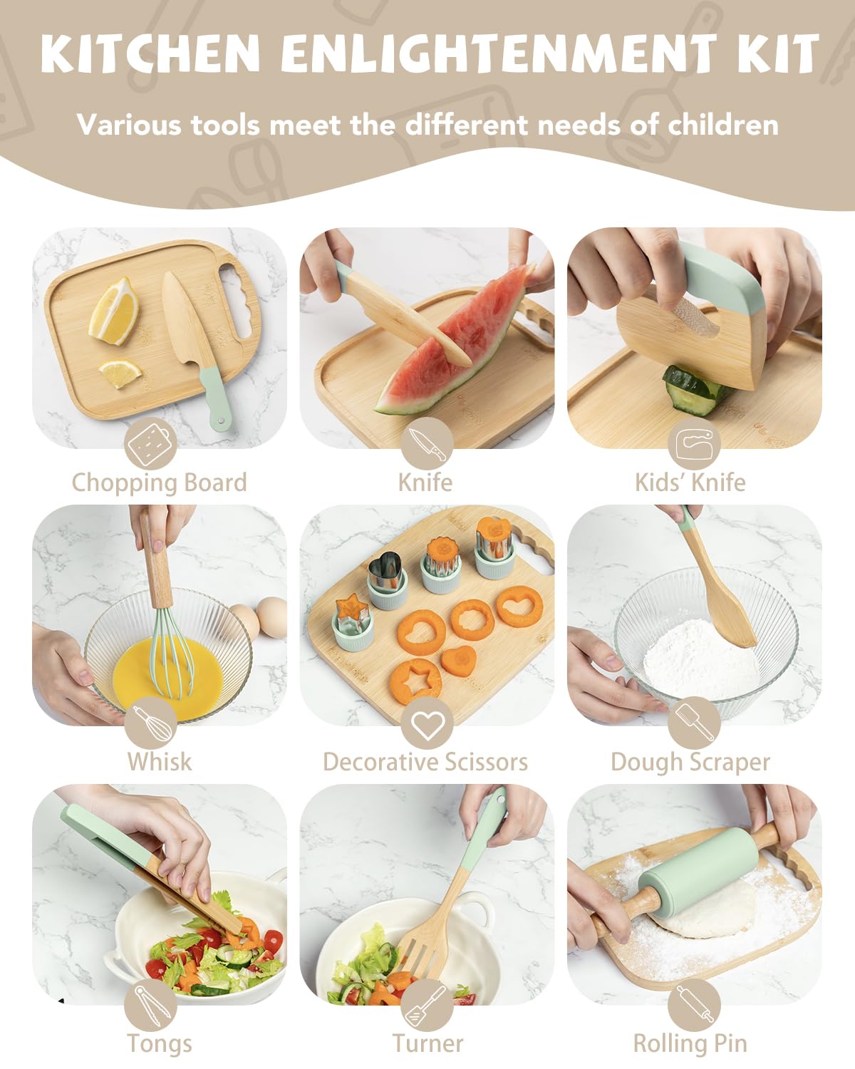Biticolor Wooden Kids Cooking Set Montessori Kit – 15-Piece Toddler Kitchen Tools (Green)