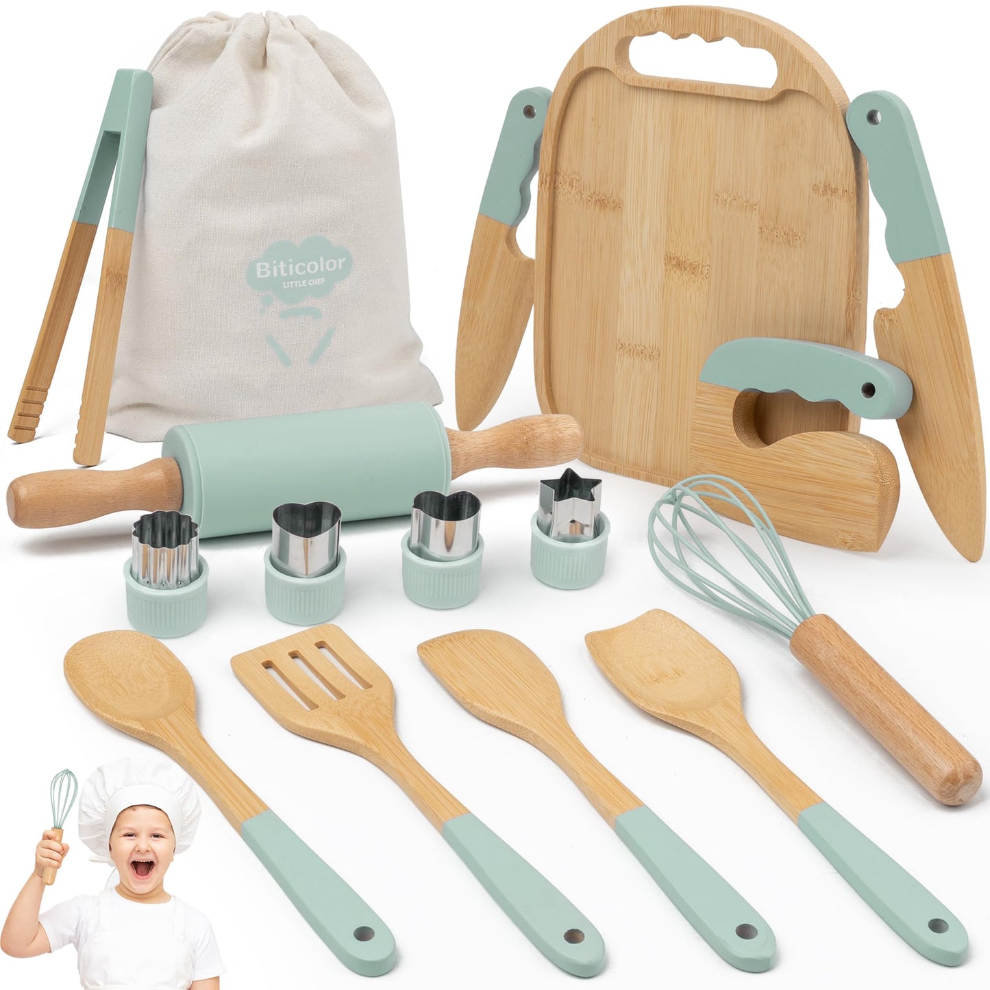 Biticolor Wooden Kids Cooking Set Montessori Kit – 15-Piece Toddler Kitchen Tools (Green)