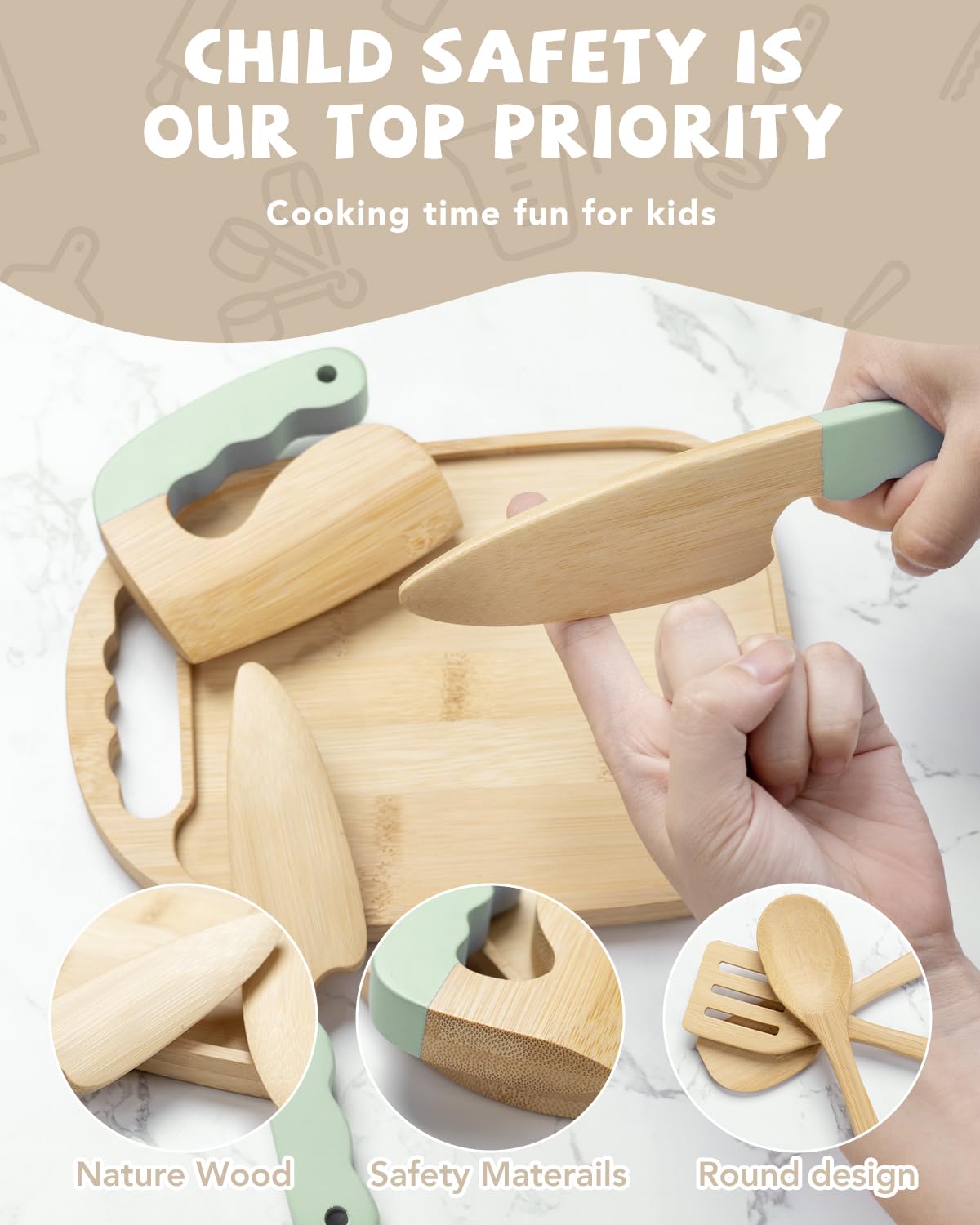 Biticolor Wooden Kids Cooking Set Montessori Kit – 15-Piece Toddler Kitchen Tools (Green)