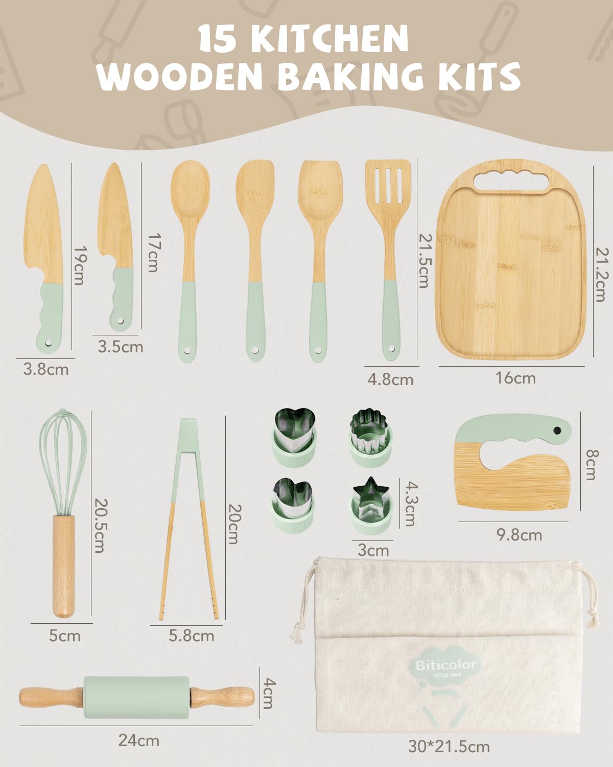 Biticolor Wooden Kids Cooking Set Montessori Kit – 15-Piece Toddler Kitchen Tools (Green)
