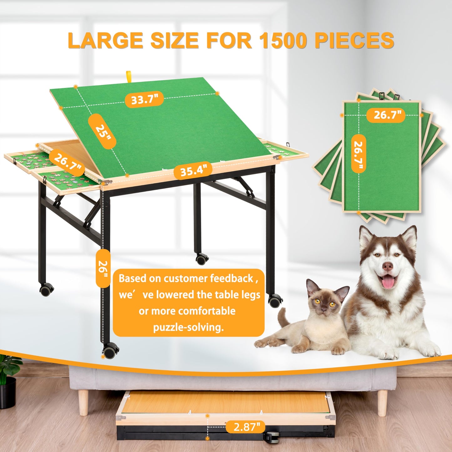 BittPicc Puzzle Table – 1500-Piece, Foldable, 4 Drawers, Wheels, Adjustable Tilt, No Assembly
