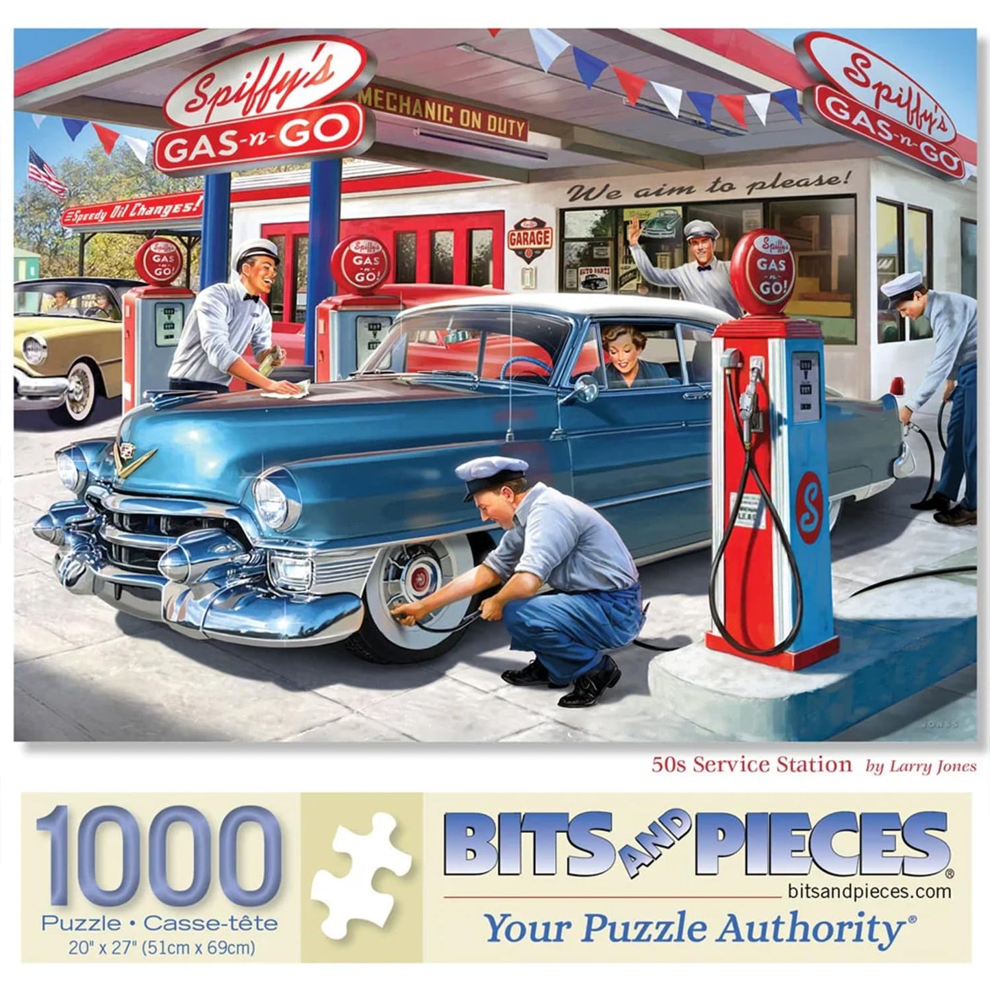 Bits and Pieces 1000 Piece Puzzle – 20x27 Classic Cars Gas Station (1950s)