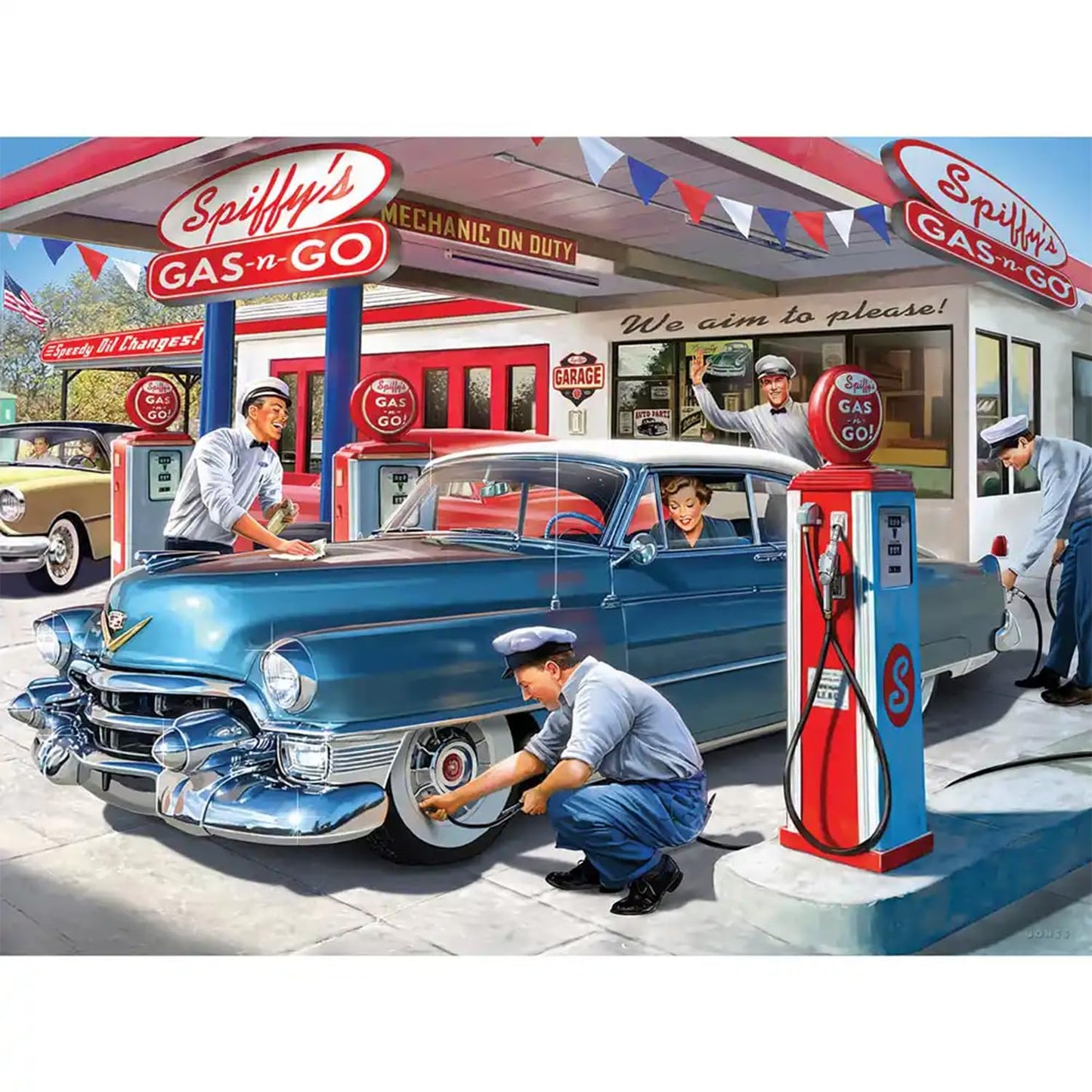 Bits and Pieces 1000 Piece Puzzle – 20x27 Classic Cars Gas Station (1950s)