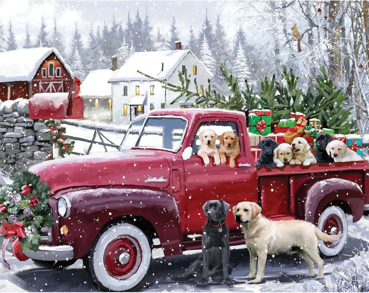 Bits and Pieces 50 Piece Puzzles for Adults – 15 x 19 in Red Truck Presents Dogs