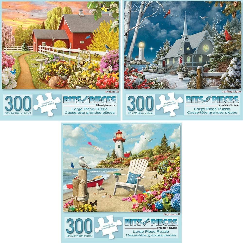 Bits and Pieces Value Set: 3 Large Puzzles by Alan Giana — Awaken, Guiding Lights & Daydream (300 or 500 pieces)
