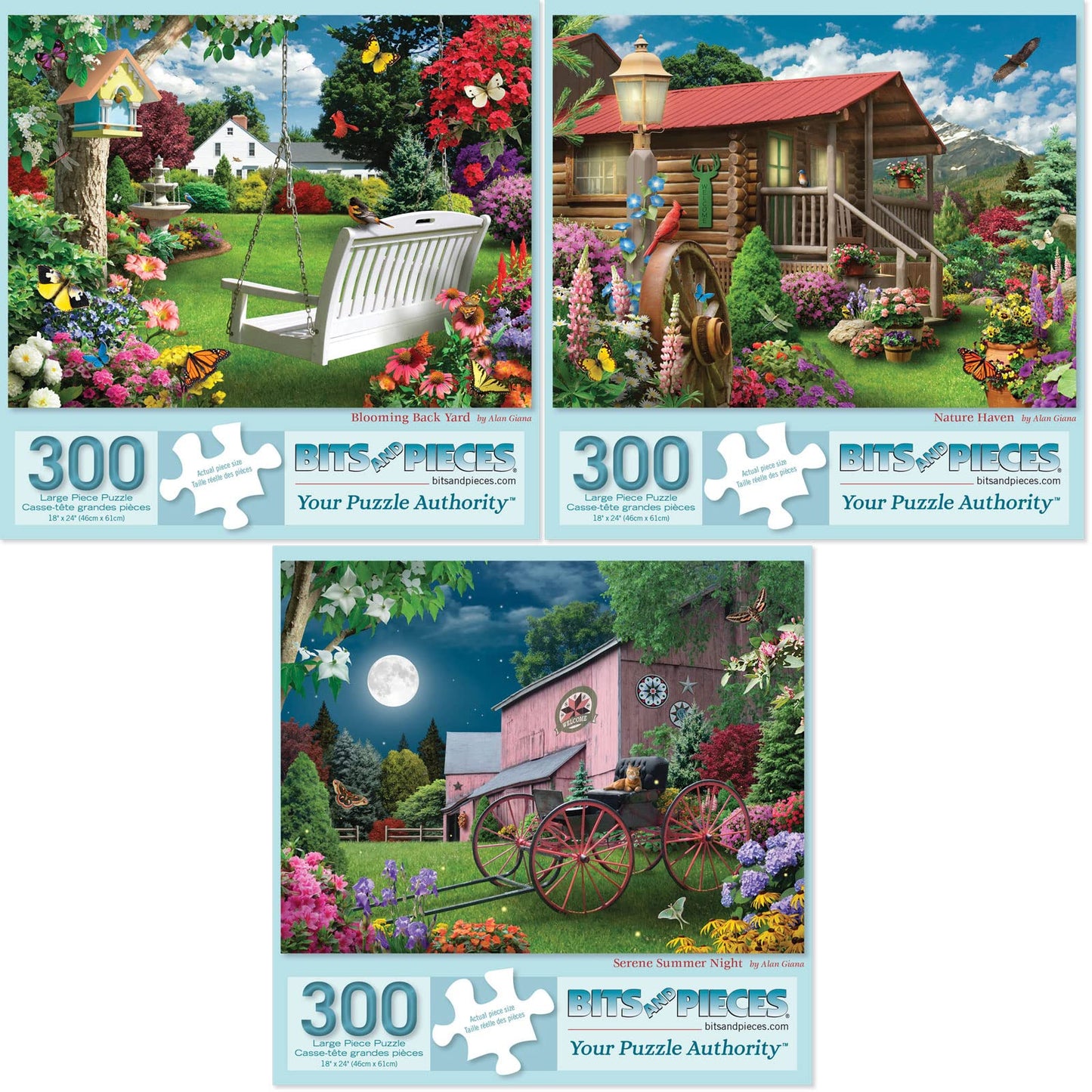 Bits and Pieces: 3x300-Piece Adult Jigsaw Puzzles Set (18x24) – Blooming Back Yard, Nature Haven, Serene Summer Night by Alan Giana