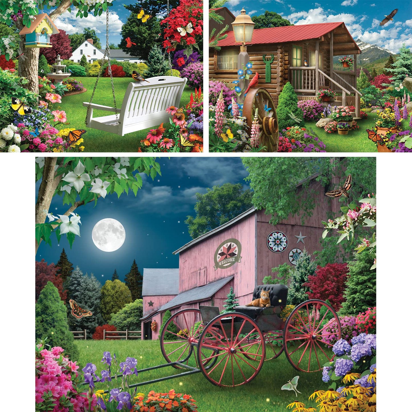 Bits and Pieces: 3x300-Piece Adult Jigsaw Puzzles Set (18x24) – Blooming Back Yard, Nature Haven, Serene Summer Night by Alan Giana