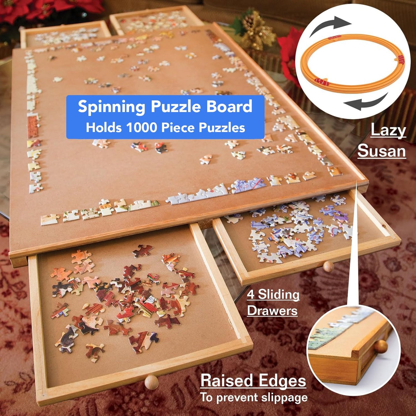 Bits and Pieces Rotating Puzzle Board with Drawers – 1000-Piece Jigsaw Puzzle Table, 22 x 30 Inches, Portable