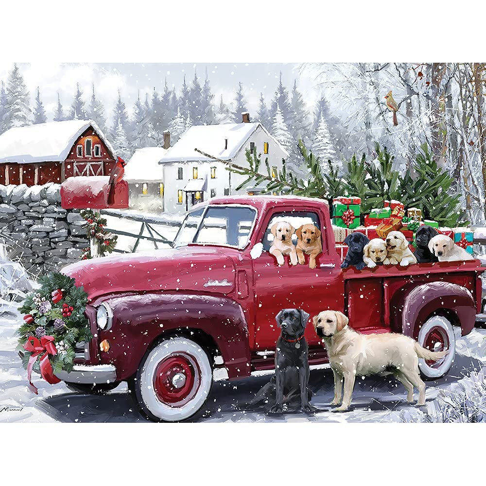 Bits and Pieces 1000 Piece Puzzle for Adults — Large 20 x 27 Inches, Red Truck with Presents and Puppies