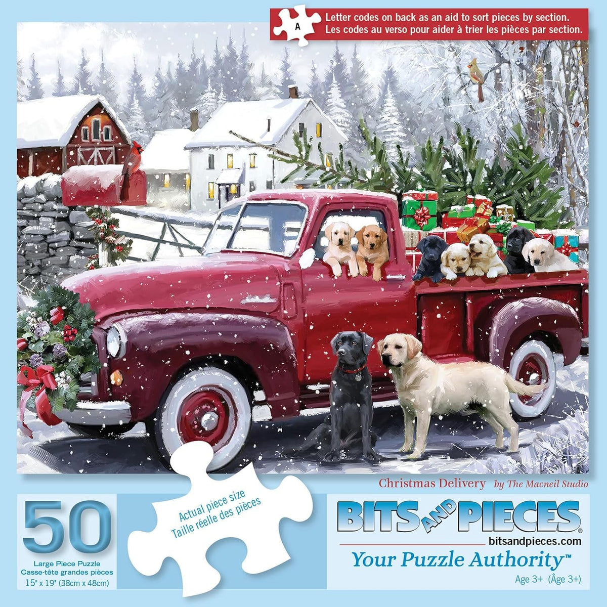Bits and Pieces 50 Piece Puzzles for Adults – 15 x 19 in Red Truck Presents Dogs