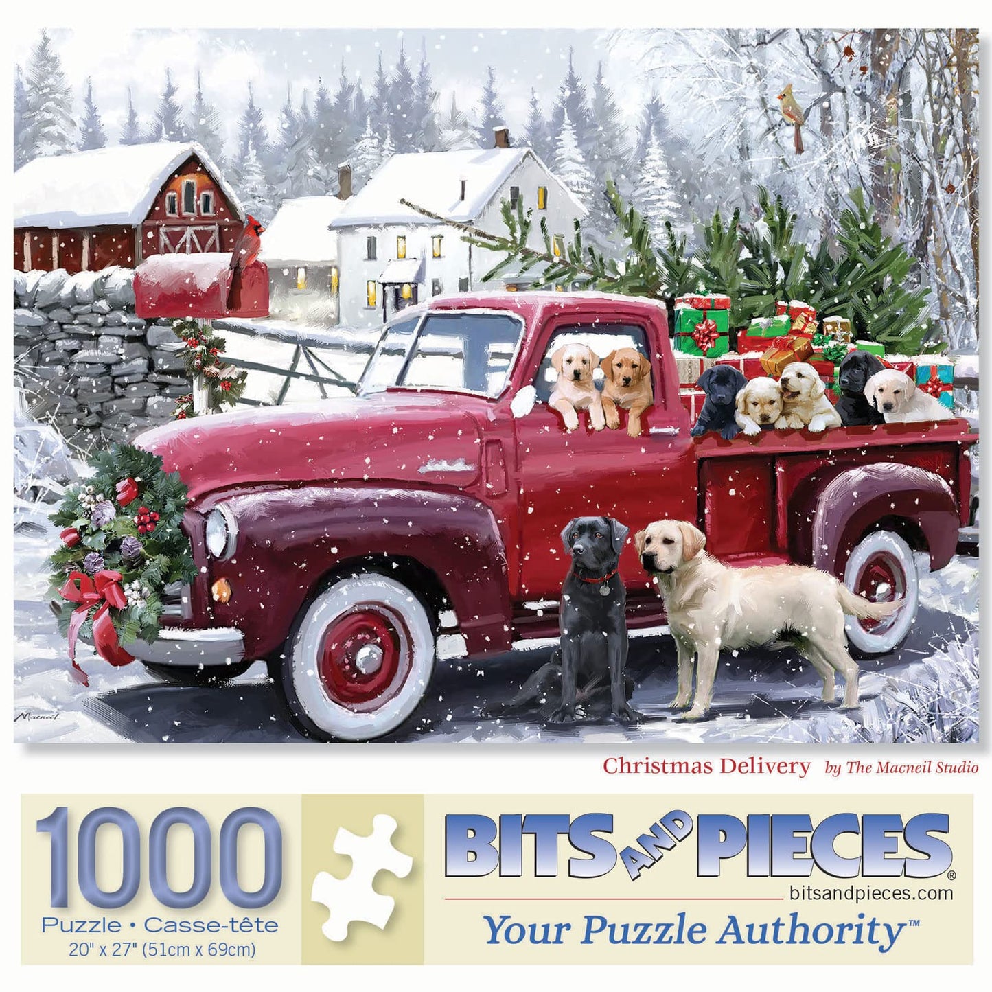 Bits and Pieces 1000 Piece Puzzle for Adults — Large 20 x 27 Inches, Red Truck with Presents and Puppies