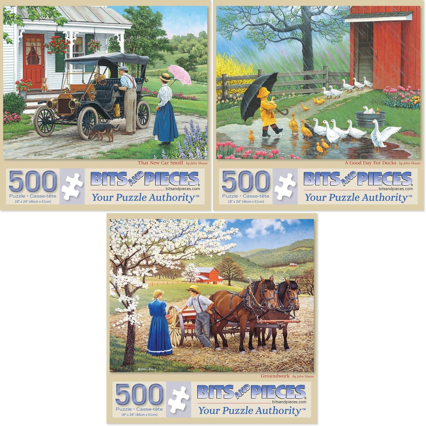 Bits and Pieces – Value Set of Three 500-Piece Puzzles for Adults (That New Car Smell, A Good Day for Ducks, Groundwork) 18" x 24"