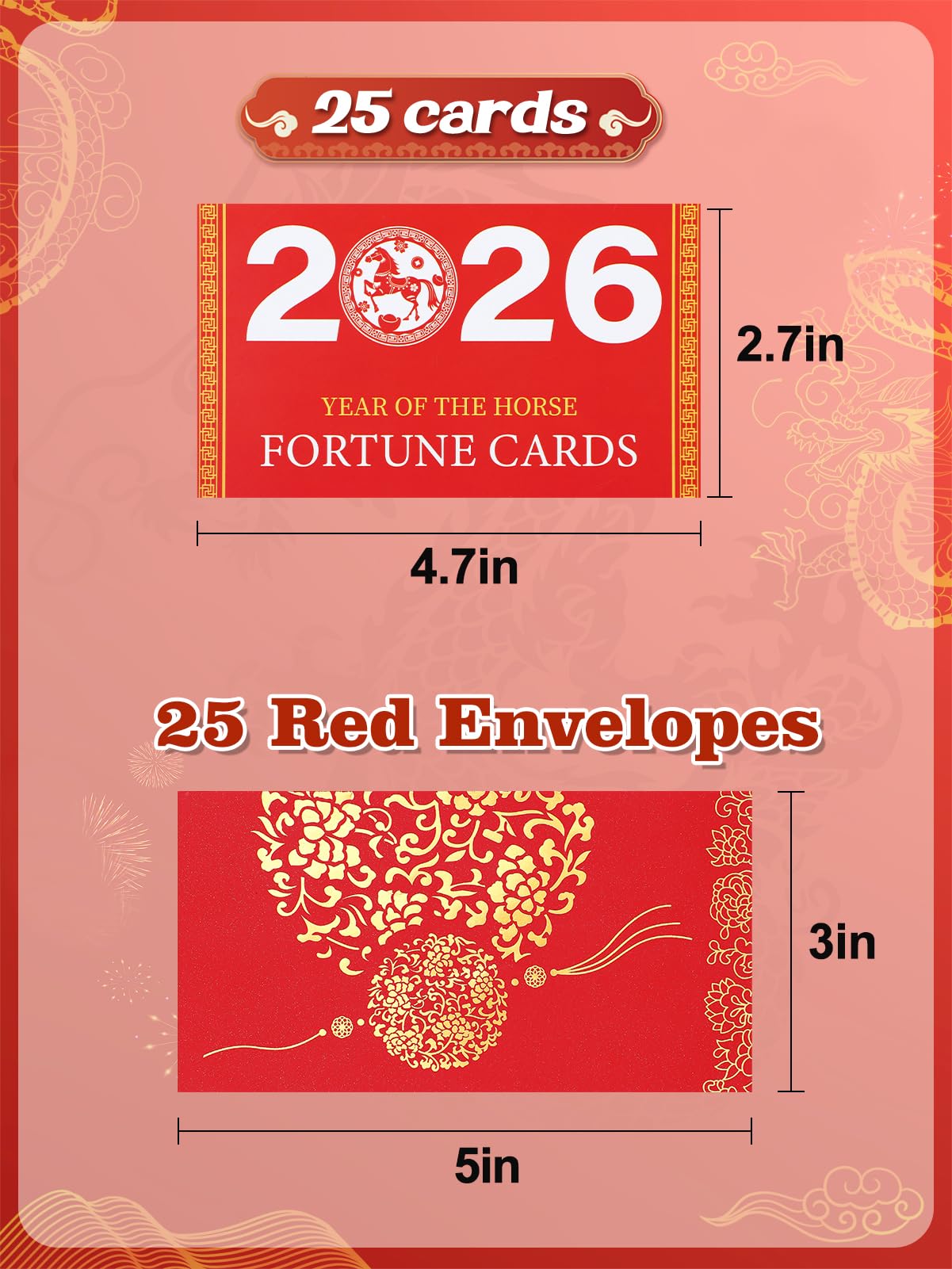 Biubee 25Pcs Chinese New Year Scratch Off Fortune Cards with Red Envelopes – 2026 Year of the Horse
