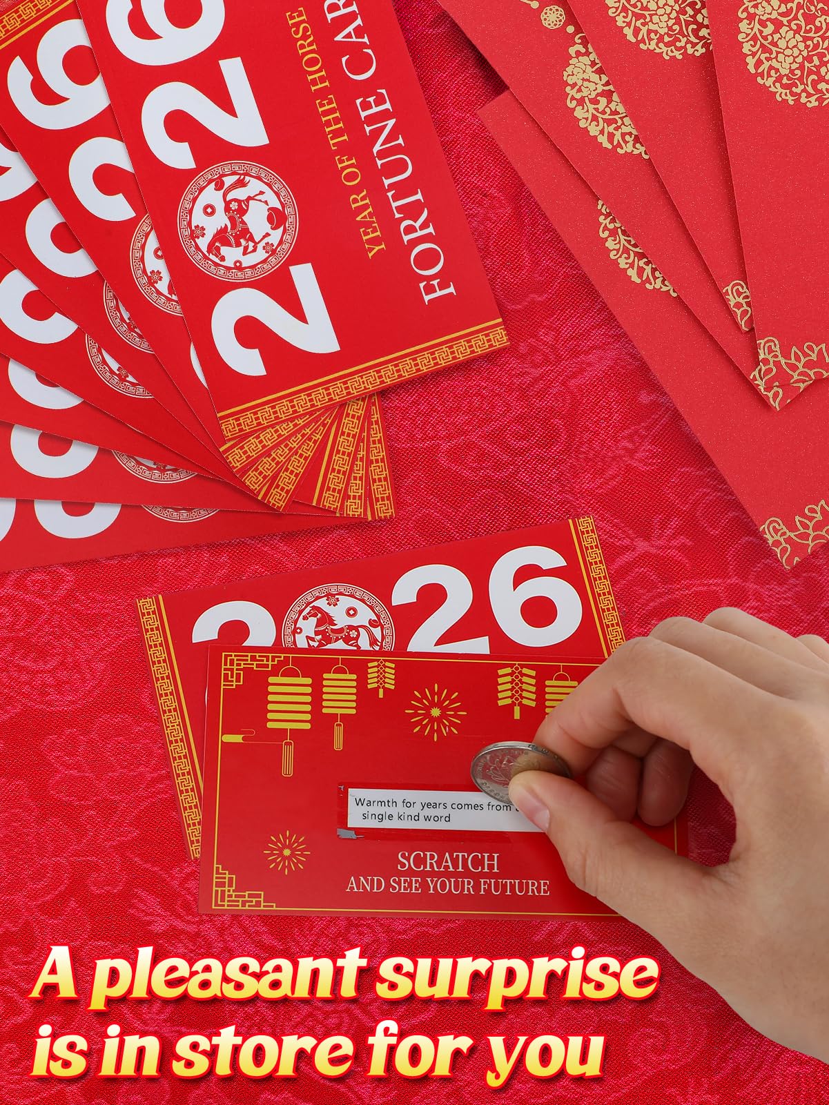 Biubee 25Pcs Chinese New Year Scratch Off Fortune Cards with Red Envelopes – 2026 Year of the Horse