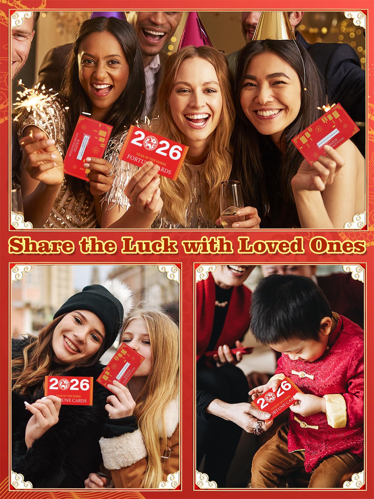 Biubee 25Pcs Chinese New Year Scratch Off Fortune Cards with Red Envelopes – 2026 Year of the Horse