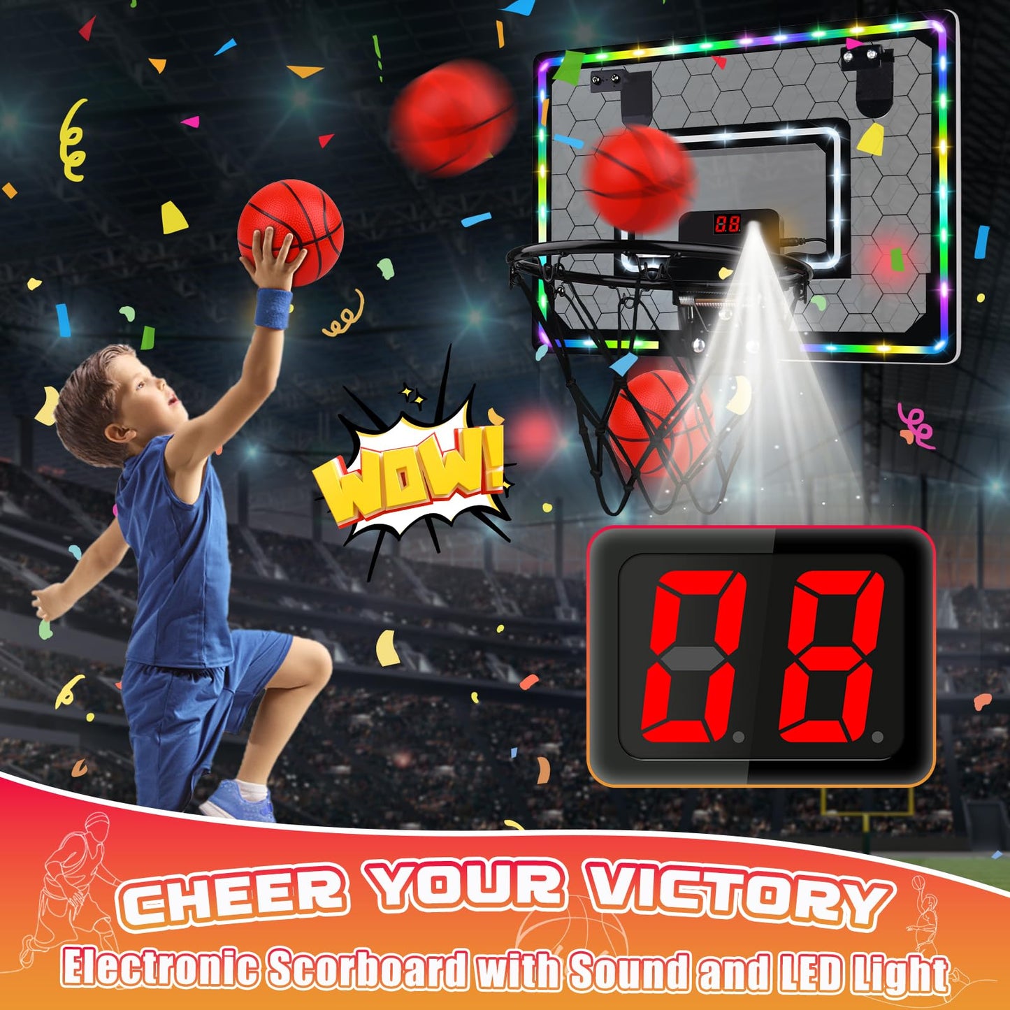 Biulotter Indoor Basketball Hoop with LED Lights & Scoreboard – Door Mini Hoop for Kids (Honeycomb Pattern)