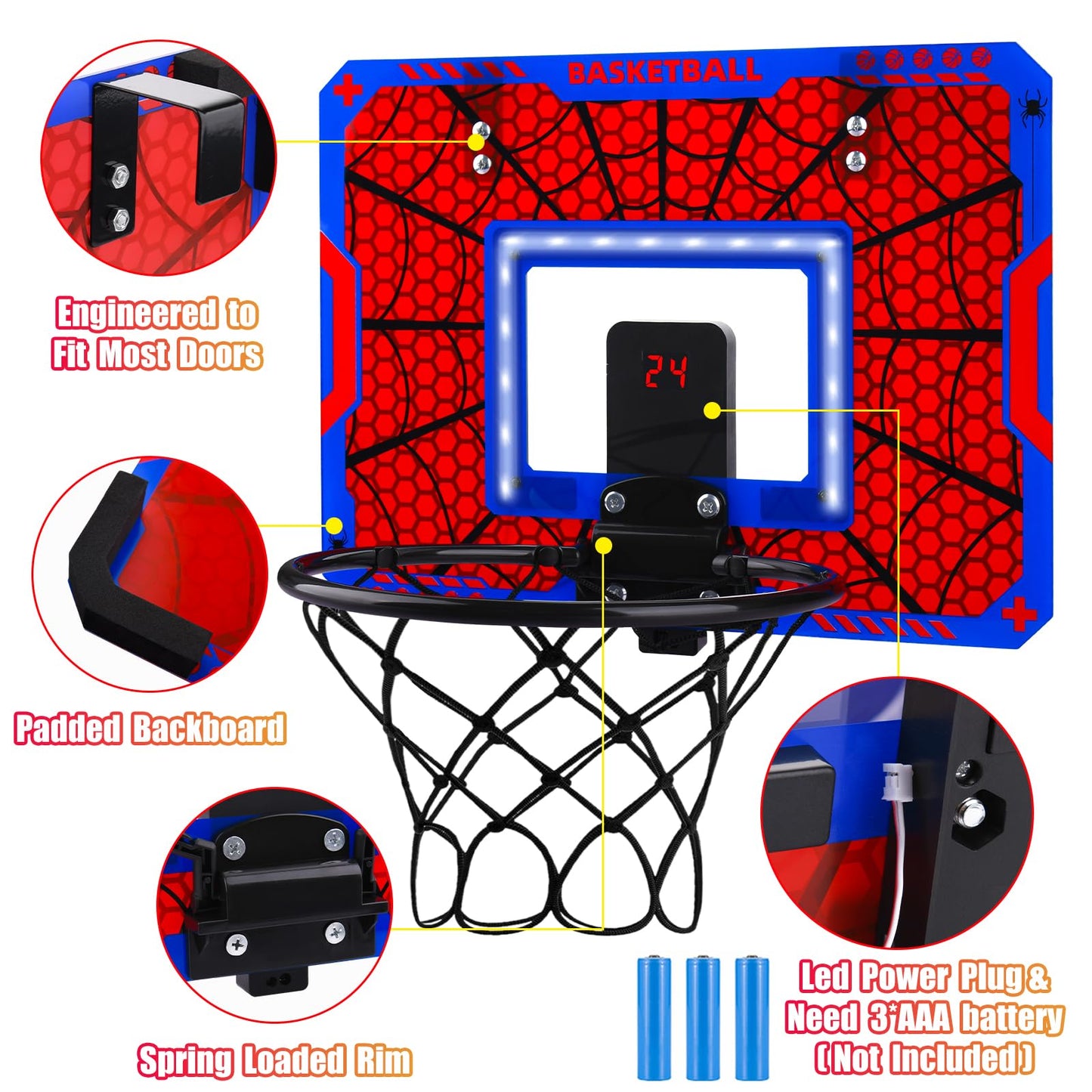 Biulotter Indoor Basketball Hoop LED – Over-the-Door with Scoreboard & 3 Balls (Red)