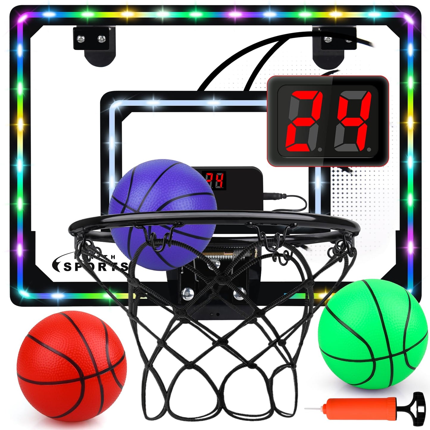 Biulotter Indoor Basketball Hoop for Kids – LED Lights, Scoreboard, 3 Balls, Over-the-Door