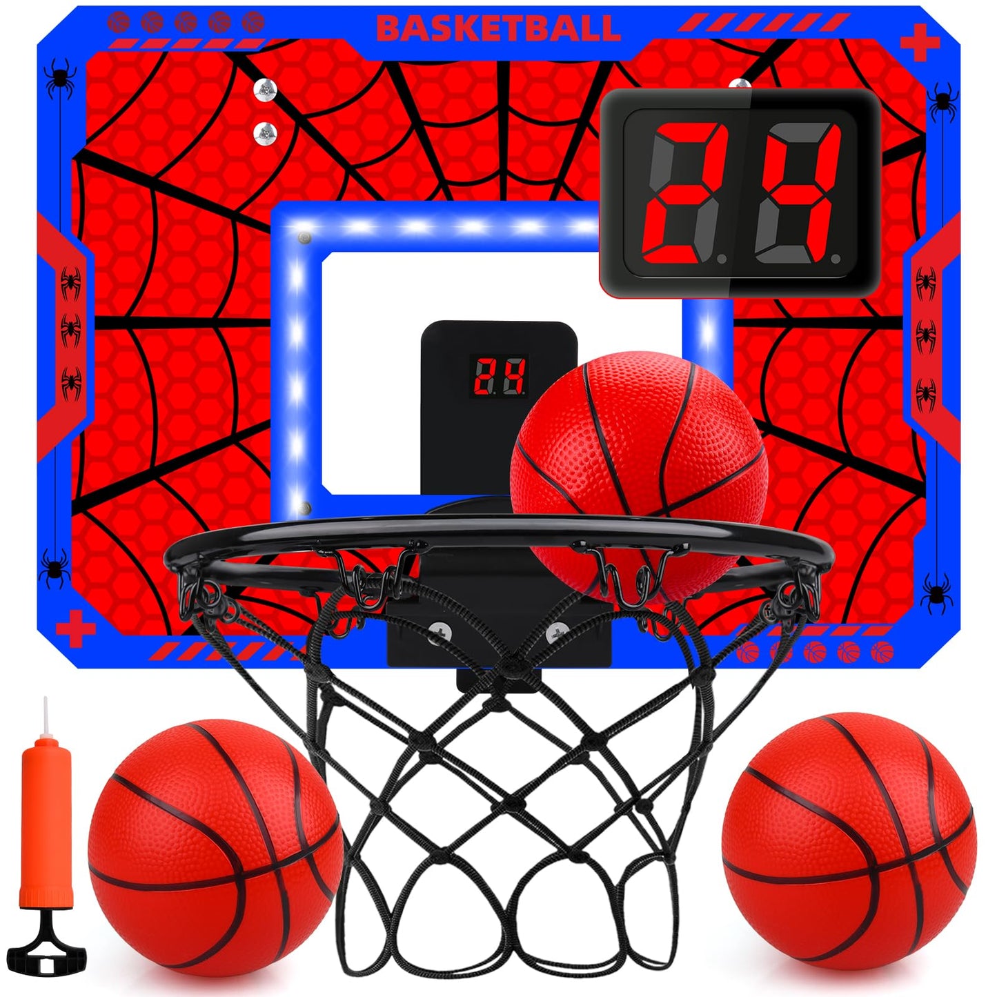 Biulotter Indoor Basketball Hoop LED – Over-the-Door with Scoreboard & 3 Balls (Red)