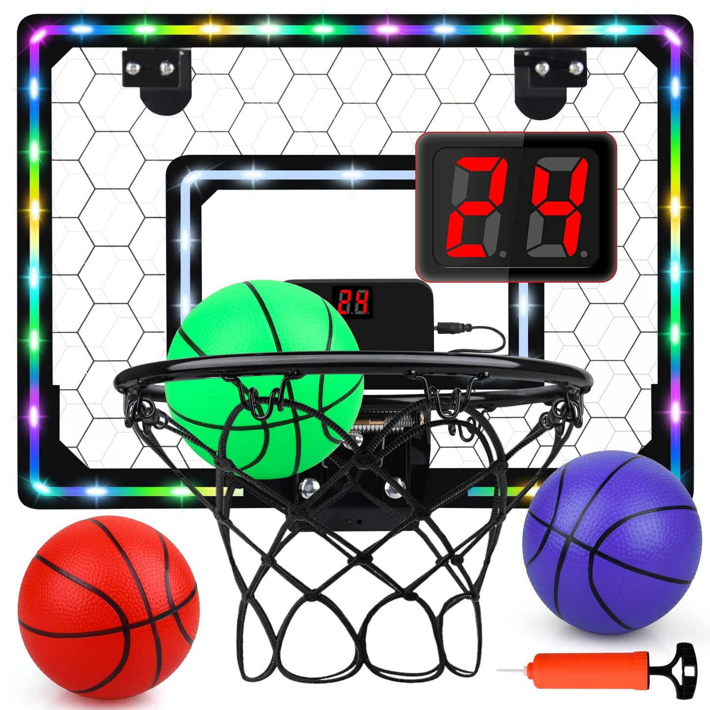 Biulotter Indoor Basketball Hoop with LED Lights & Scoreboard – Door Mini Hoop for Kids (Honeycomb Pattern)