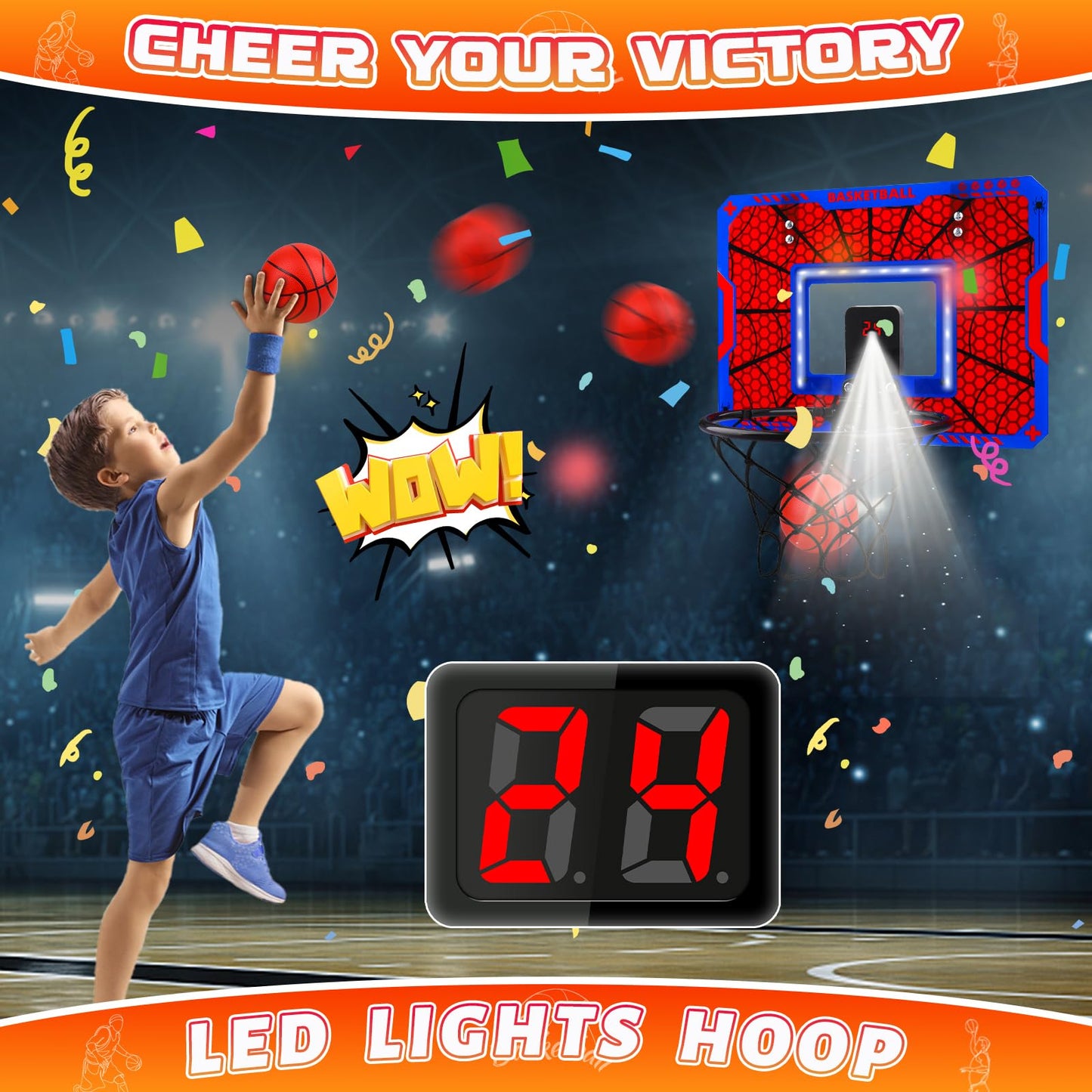 Biulotter Indoor Basketball Hoop LED – Over-the-Door with Scoreboard & 3 Balls (Red)