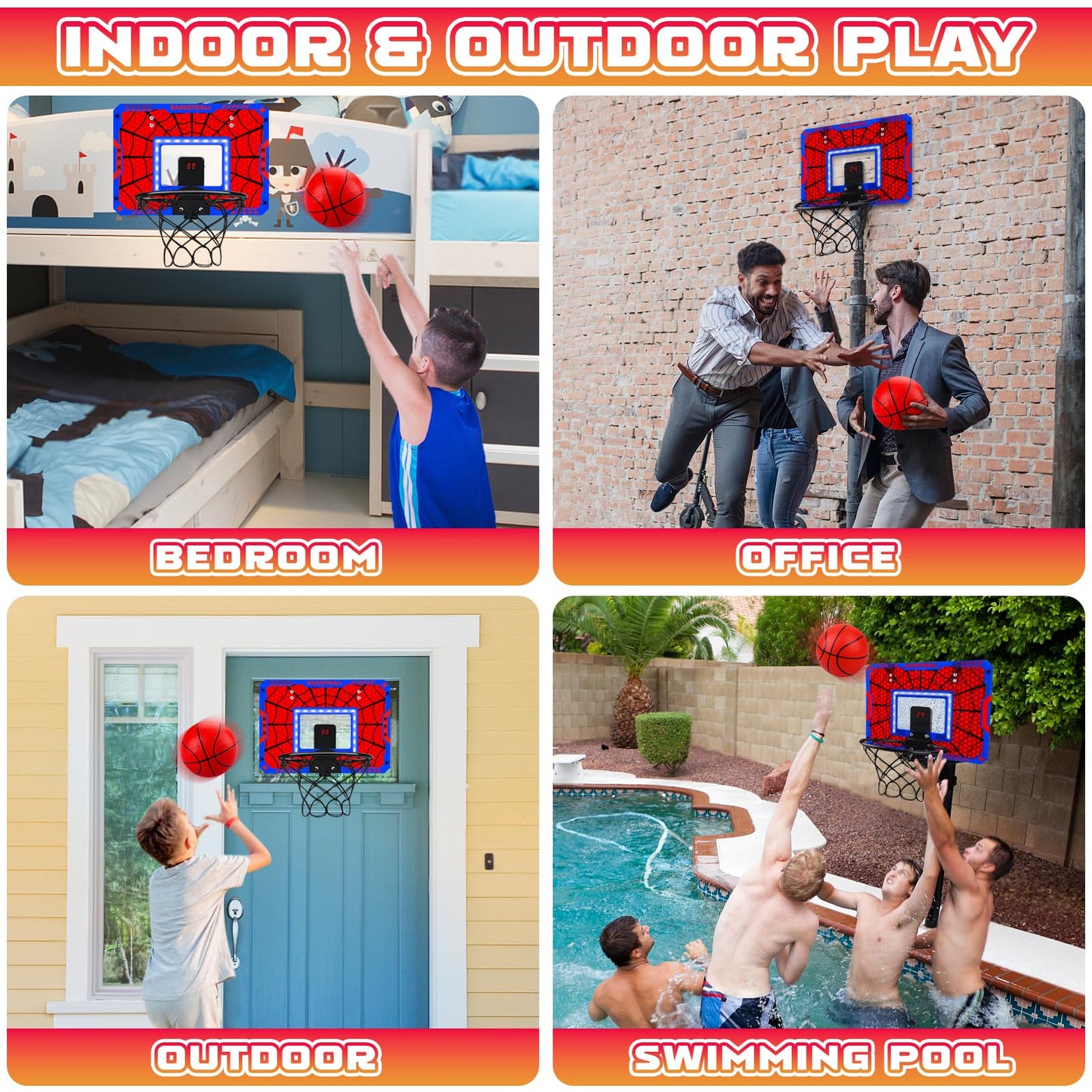 Biulotter Indoor Basketball Hoop LED – Over-the-Door with Scoreboard & 3 Balls (Red)
