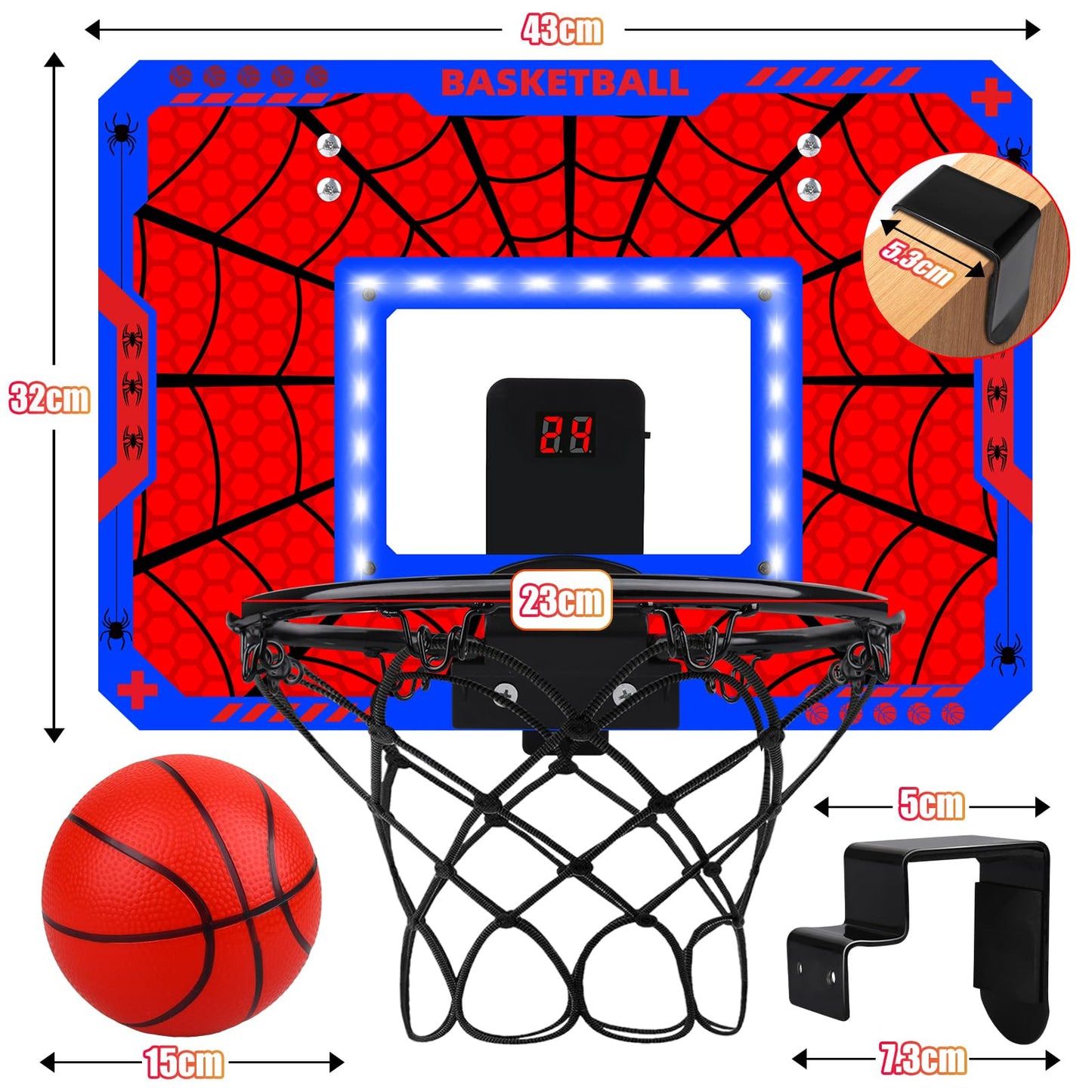 Biulotter Indoor Basketball Hoop LED – Over-the-Door with Scoreboard & 3 Balls (Red)